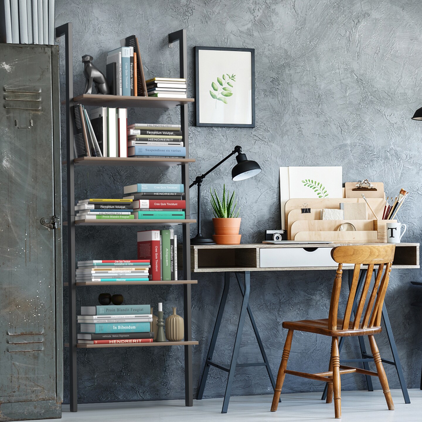 Steel Ladder Bookshelf, 5-Tier Wall-Mount Shelf Organizer for Home