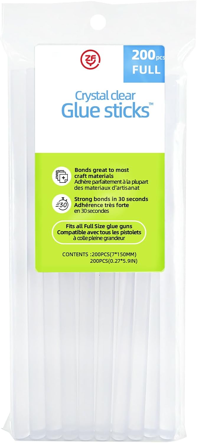 200 Count - Crystal Clear Hot Glue Sticks - Full Size, 5.9&#x22; x 0.27&#x22;, All-Purpose Glue for Crafting, Wood, Metal, Glass, Plastic, Fabric, Foam - Ideal for DIY, Scrapbooking &#x26; More