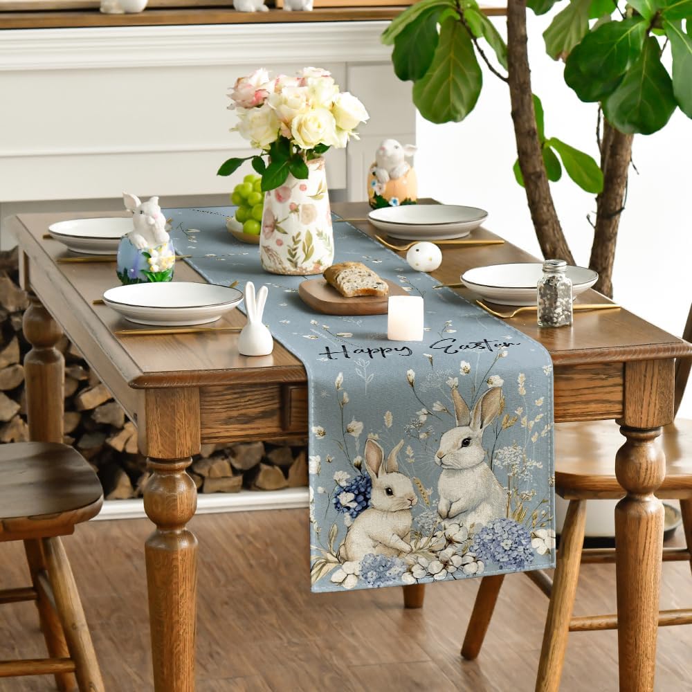 Bunny rabbit, hydrangea Happy Easter table runner, 13x36 inches, spring kitchen dining decor.