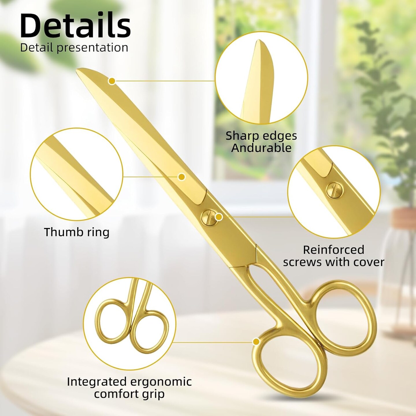 7&#x22; Small Gold Scissors Craft Tailor Fabric Brass Scissors, Gold Scissor for Office Multipurpose Stylish, Heavy Duty Golden Scissor, All Purpose Stainless Steel Dressmaker Shears for School Office