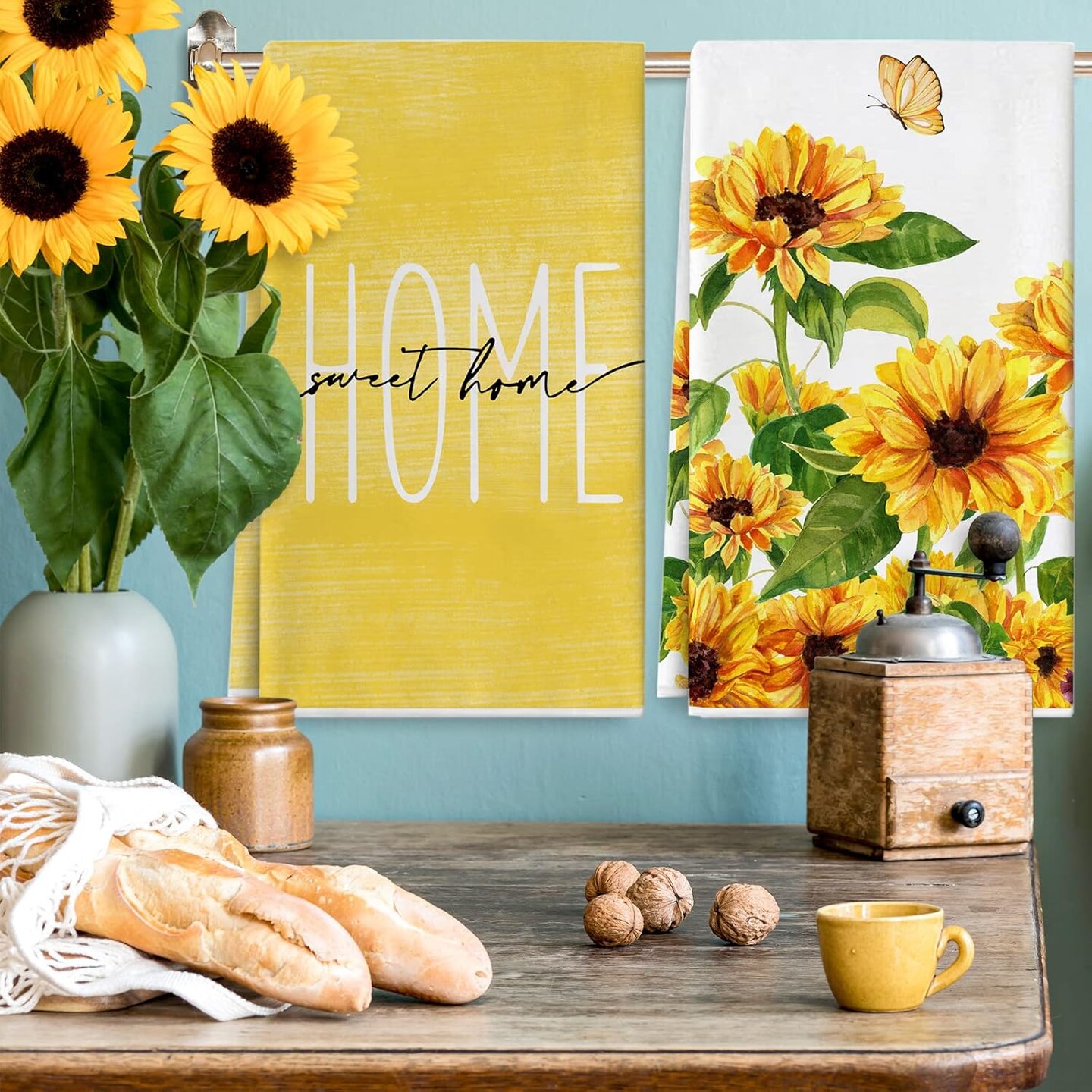 Sunflower Kitchen Towel Home Sweet Home Floral Dish Towel Spring Summer Flower Butterfly Hand Drying Tea Towel for Seasonal Cooking Baking Cleaning, 18 x 28 Inch, 2 Packs