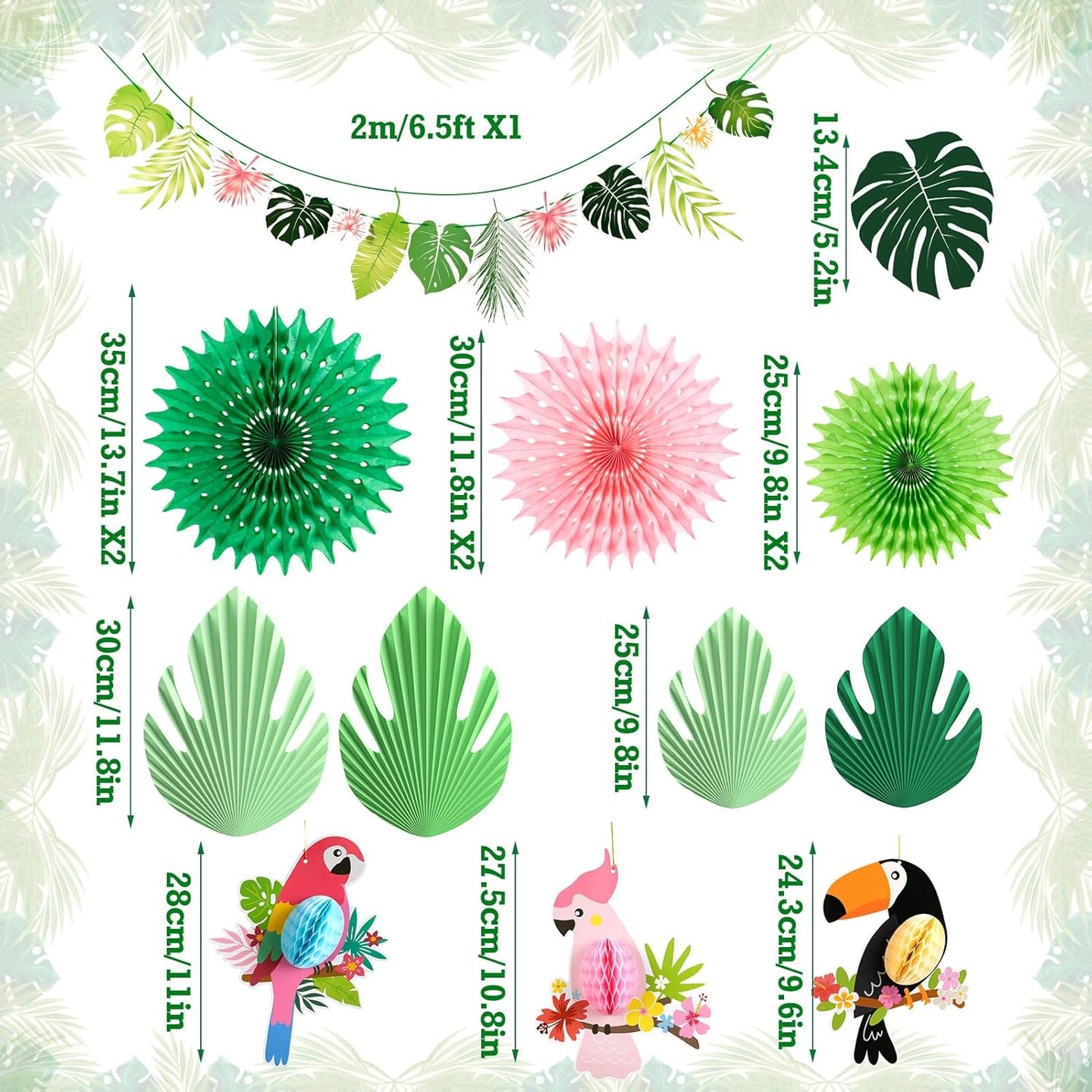 Green Pink Hanging Paper Fans for Tropical Party Decorations Tropical Bird Toucan Leaf Garland Party Kit for Summer Hawaiian Luau Tiki Tropical Jungle Themed Party Decorations