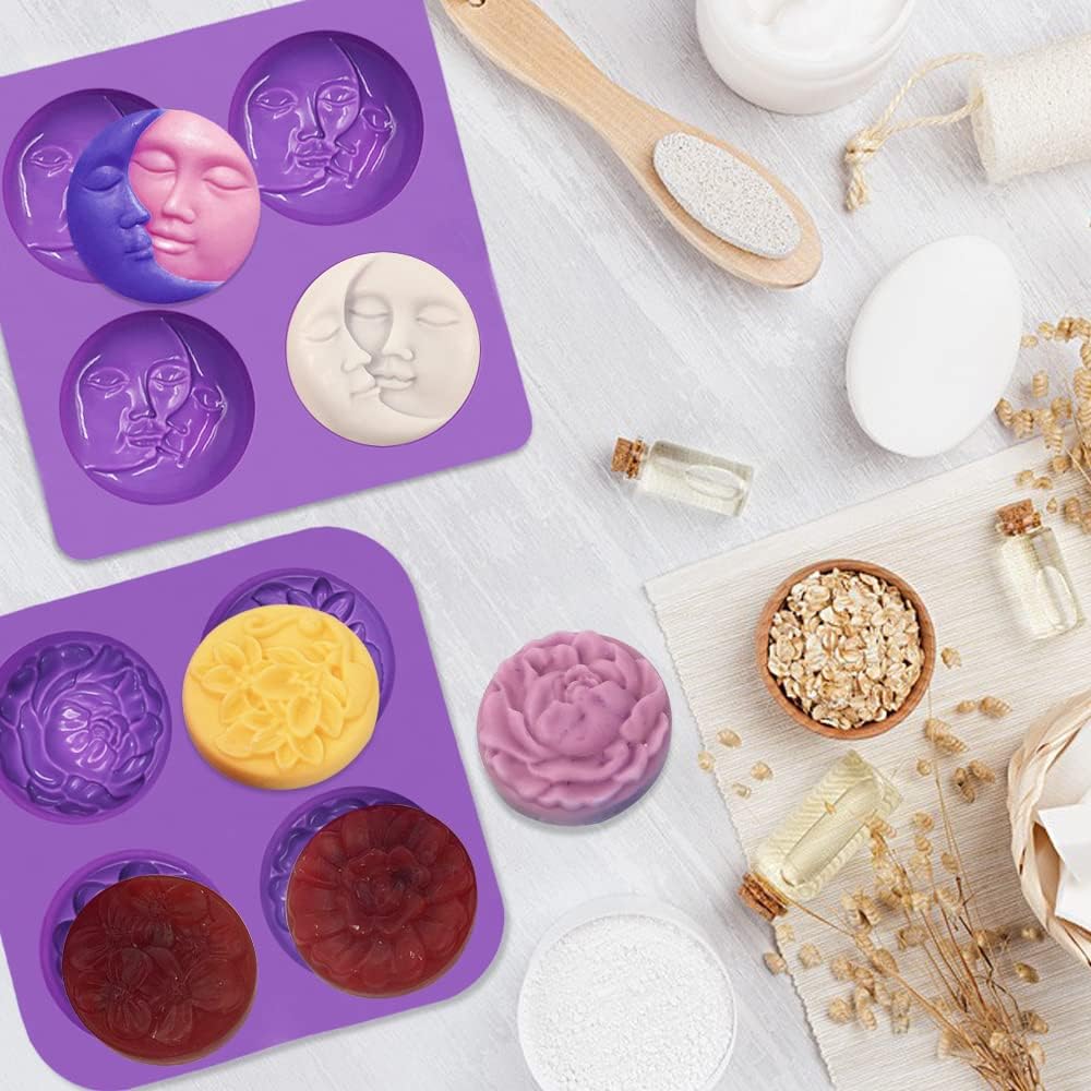 2 PCS Silicone Soap Molds, 4 Cavity Sun &#x26; Moon Face Molds and 4 Cavity Flower Shapes Molds, for DIY Soap