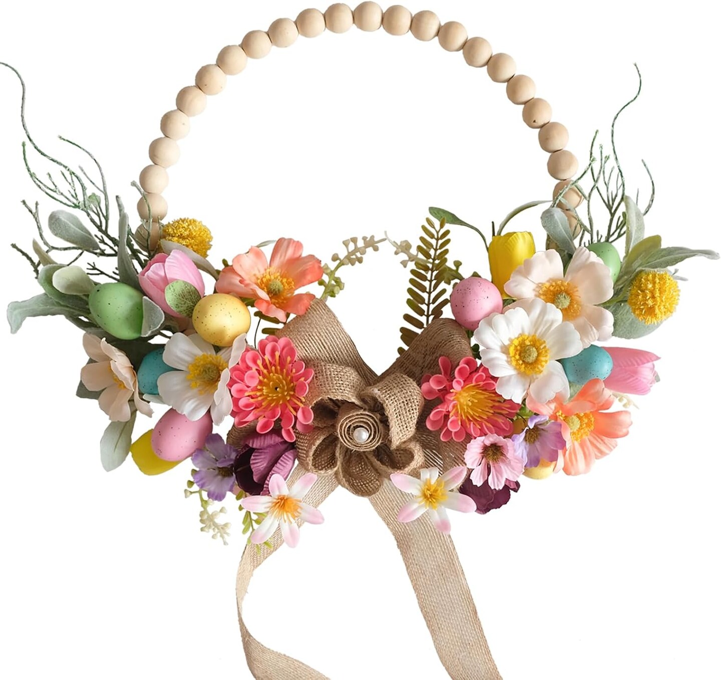 Summer Artificial Wreath 16 Inch Wooden Beads Wreaths for Front Door Summer Wreath with Colorful Silk Flowers Eggs Flax Bow for Home Indoor Window Wall Farmhouse Outside Decor