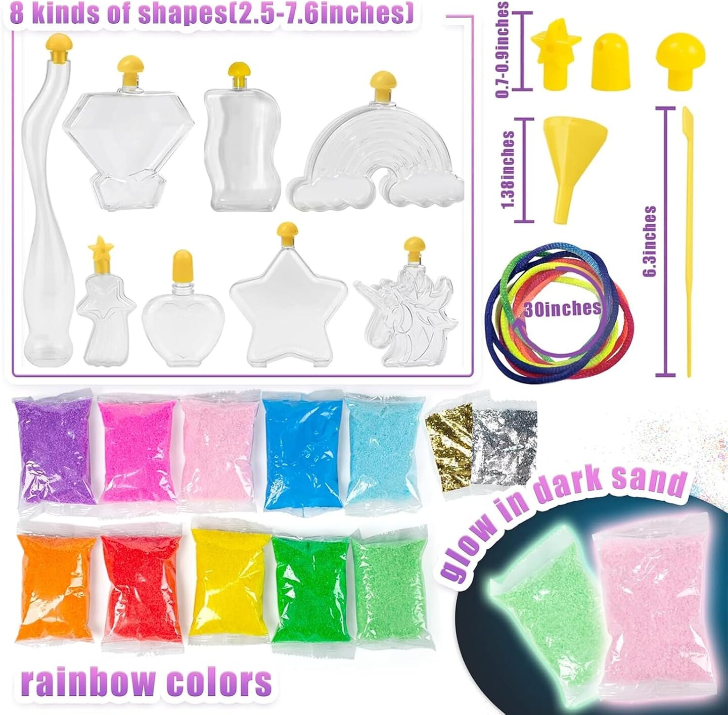 Summer Sand Art Kits for Kids, 36 PCS Sand Painting for Crafts 8 Shapes of Bottles 10 Assorted Colored and 2 Glitter Sand Bags for Kids DIY Project