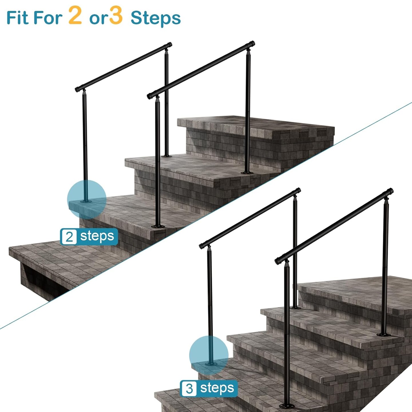 2-Pack Outdoor Stair Railing Handrails for 2-3 Steps &#x2013; Heavy-Duty Wrought Iron with Non-Slip Grip &#x26; Installation Kit, 500 lb Capacity (33&#x22;W x 32&#x22;H, Black)