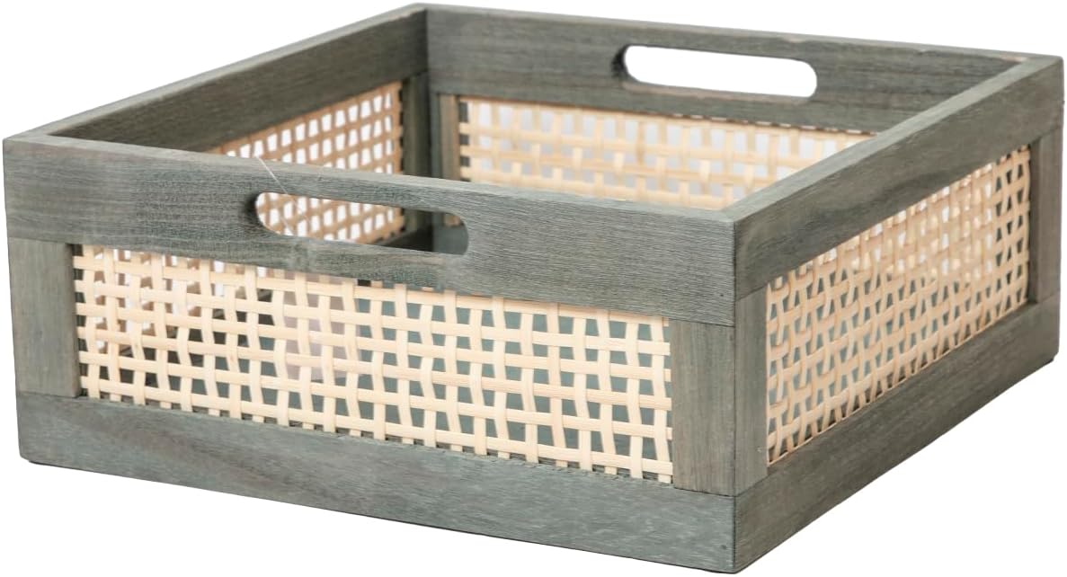 Summer Grey Wooden Storage Baskets with Handle, Square Bamboo Baskets for Organizing, Decorative Storage Basket for Shelves, Toy Storage Basket,Towel Organizer, Gift Baskets Empty (Grey)