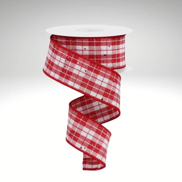 1.5&#x22;x10yd Red White Plaid Wired Ribbon with Silver Glitter &#x2013; Holiday Craft &#x26; Bow Ribbon for Christmas Decor-RGE162356
