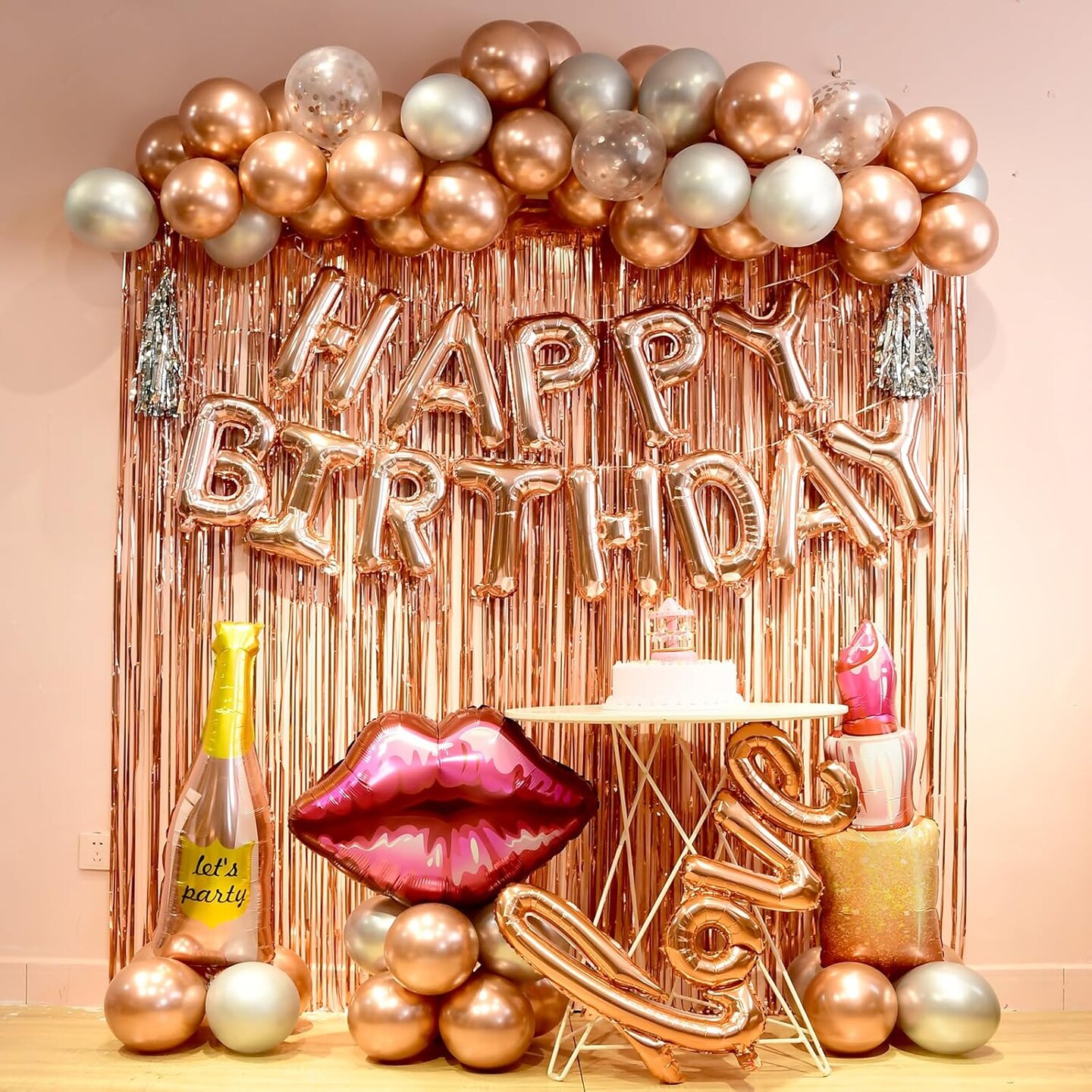 Rose Gold Birthday Decorations for Women and Girls – Includes Happy Birthday Banner, Balloon Letters, and Rose Gold Fringe Curtain