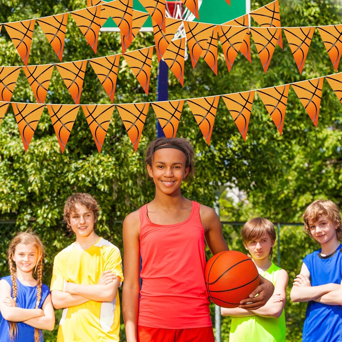 5 Pack Basketball Flags Banner Sports Party Decorations Basketball Championship Pennants Hanging Decor Themed Triangle Flags Sports Game Garland for Birthday Party Supplies