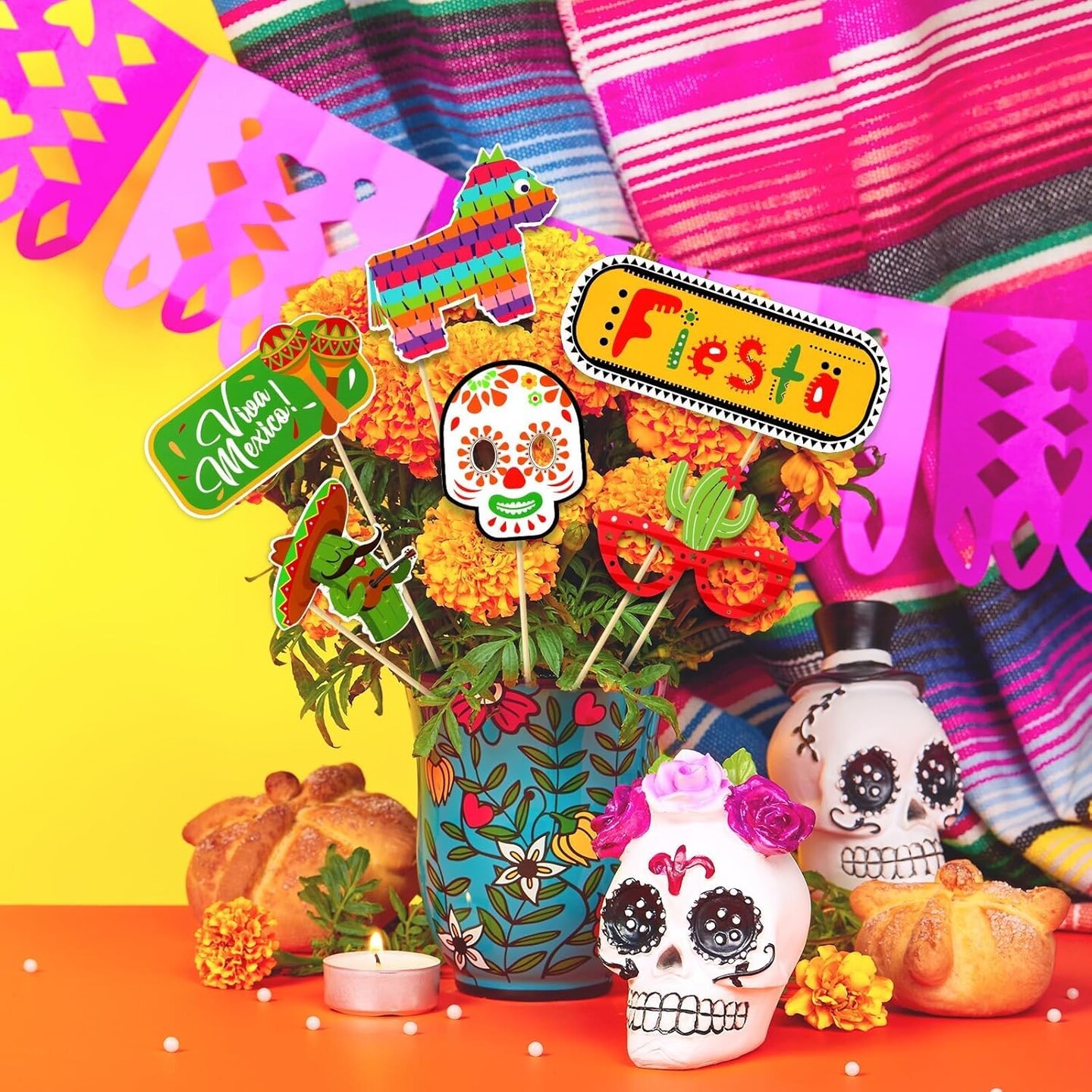 Fiesta Photo Booth Props 26 PCS Set, Mexican Party Favors Large Photo Frame 30x25.6 Inch and Mexican Pose Sign Picture Props Selfie Cinco de Mayo Photo Booth Props for Fiesta Party Supplies