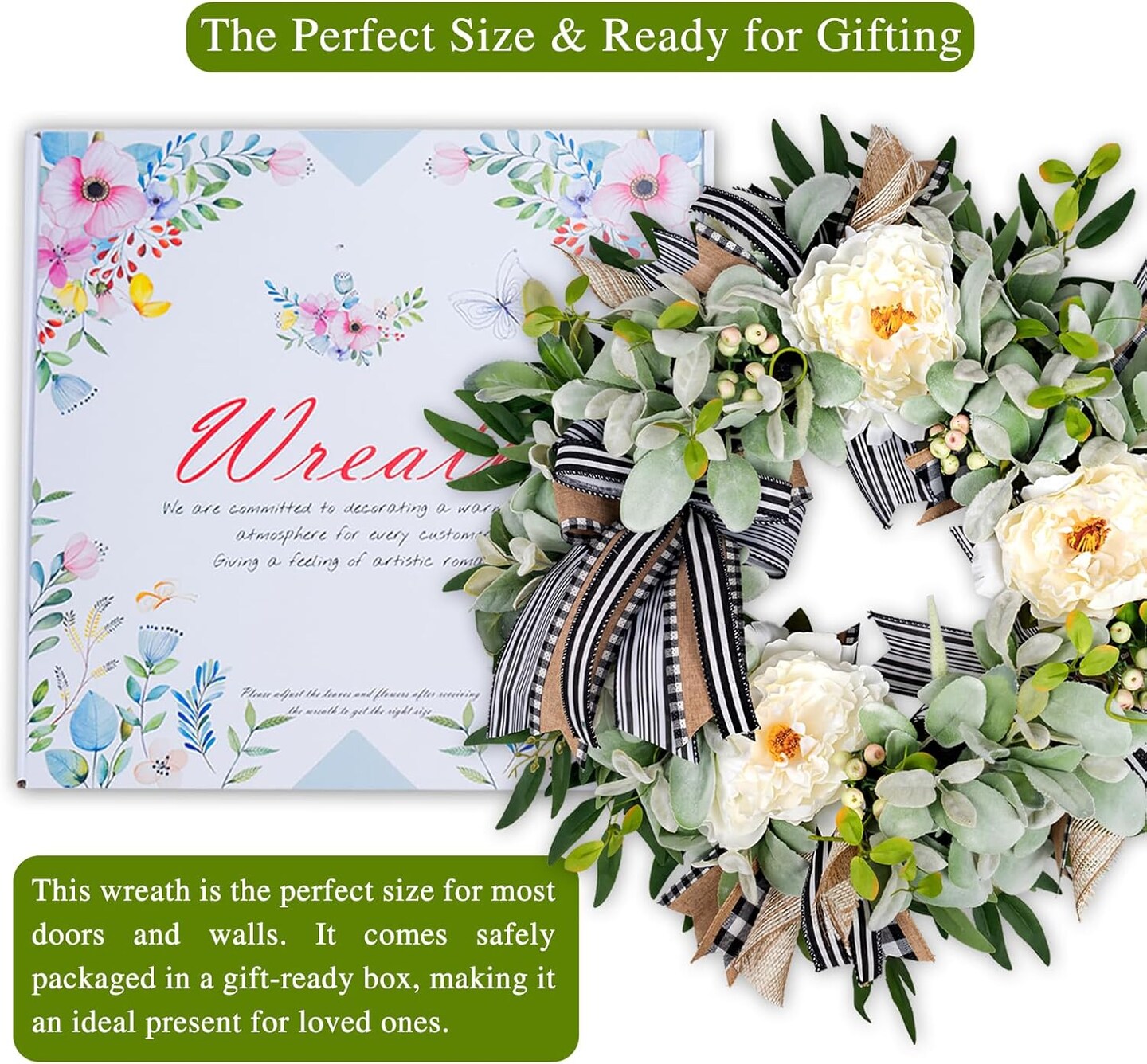 Wreaths for Front Door Year Round Outside, 20'' Artificial Summer Wreath with Peony Buffalo Bow Green Handmade Farmhouse Home Decor