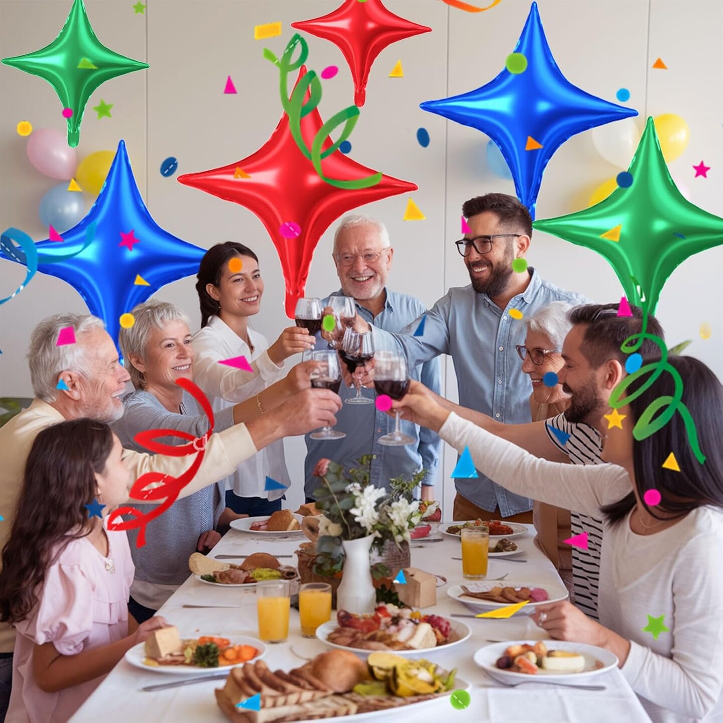 15PCS Red, Green & Blue Star Foil Balloon Set – 26/18/10 Inch Four-Point Star Helium Balloons for Christmas, Wedding, Birthday, Anniversary, and Baby Shower Party Decorations
