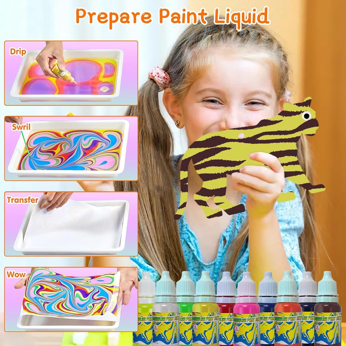 Water Marbling Paint Kit for Kids Animal Theme Painting Craft Kits 10 Colors Arts DIY Paint Craft Animal Wood Chips with Eyes for Girls Boys Age 6-12 Year Olds Birthday Gifts Ideas Activities Toys