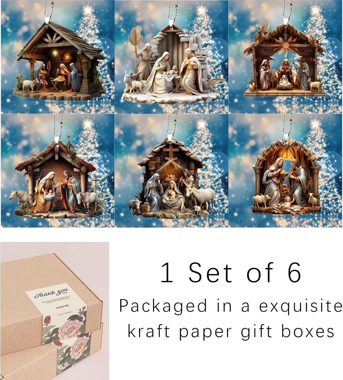 6 Pack Nativity Scene Ornaments for Christmas Tree - Flat 3.15&#x27;&#x27; Height &#x26; Gifts Boxed Keepsake | Nativity Set Indoor, The Birth of Jesus Decor, Religious Gifts for Christian &#x26; Family