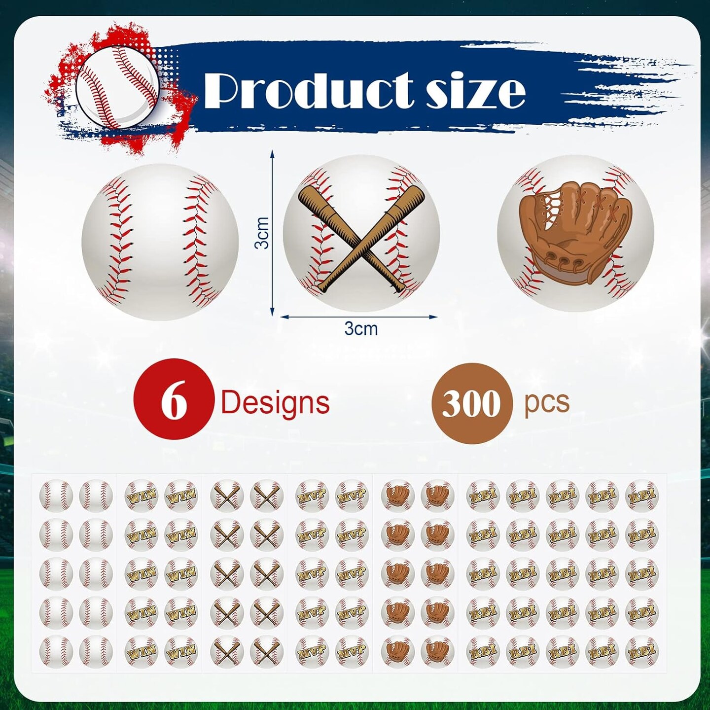 300 Pcs 12 Sheets Baseball Helmet Stickers 1.18 Inch Waterproof Round Helmet Vinyl Decals for Baseball Helmet Award Laptop Water Bottle Scrapbook Sport Party