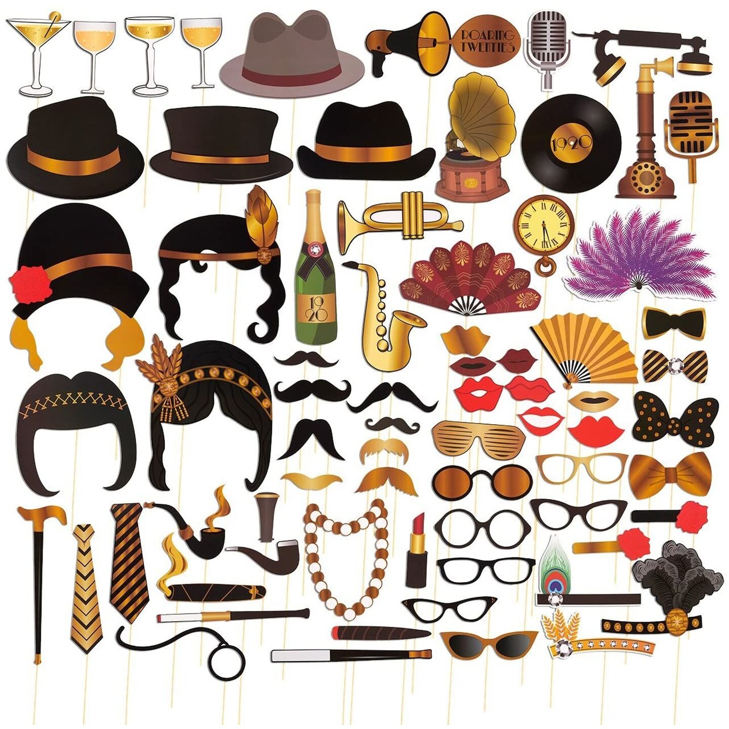 1920&#x2019;s Photo Booth Props, Party Supplies (Assorted Designs, 72-Pack)