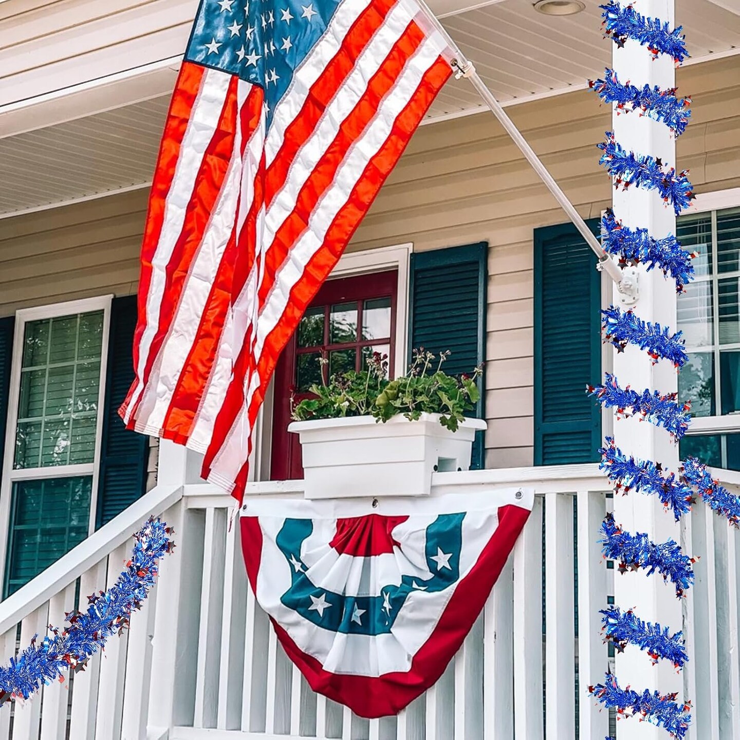 4th of July Garland Decor,33Ft Glitter Tinsel Patriotic Decorations for Tree Car Golf Cart Parade Float Bike Outdoor Holiday Independence Day Memorial Day Veteran&#x27;s Day USA Summer Red White Blue