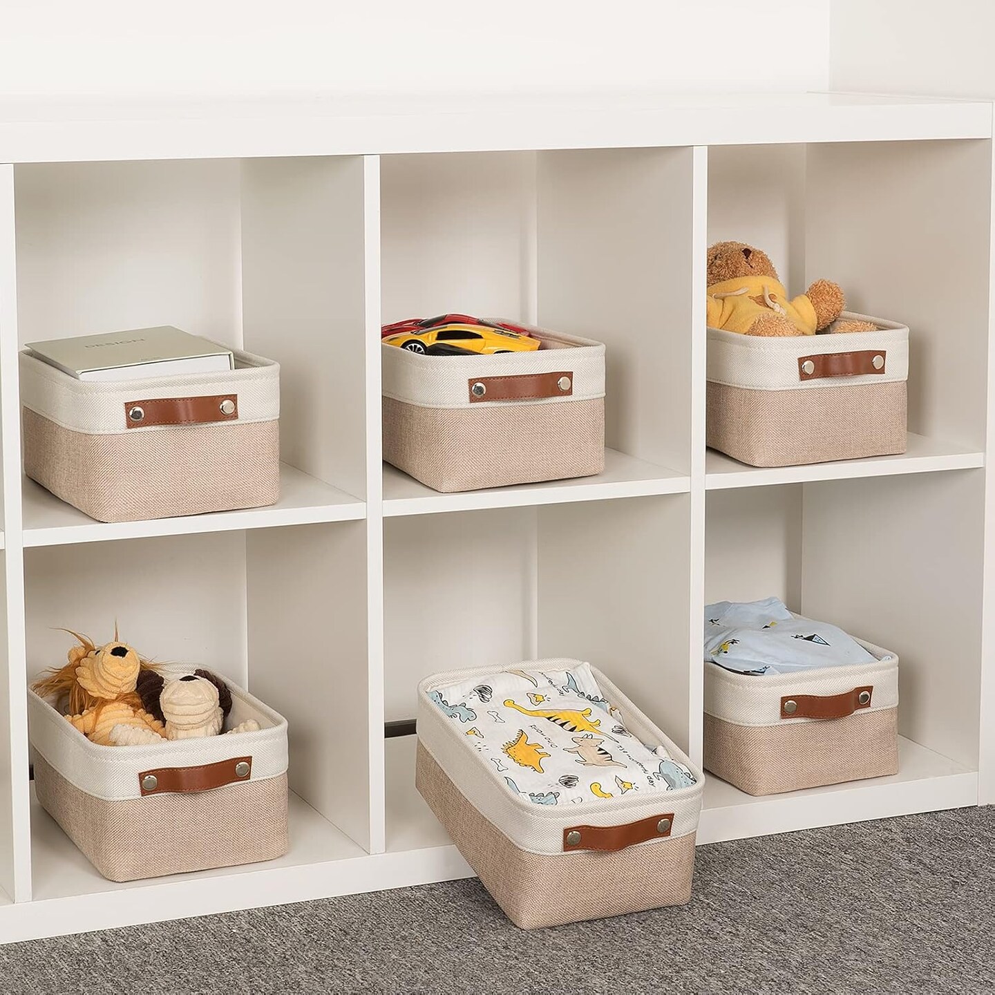 Summer Fabric Baskets for Organizing(6 pack) Collapsible Storage Baskets for Shelves, Closets, Laundry, Nursery, Decorative Baskets for Gifts Empty (White&#x26;Khaki, 11.8&#x22; x 7.8&#x22; x 5.1&#x22;)
