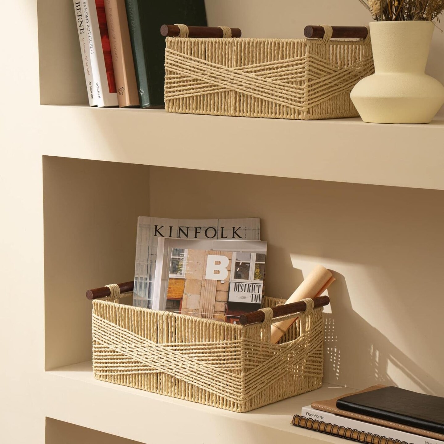 Summer Storage Baskets for Organizing, Recyclable Paper Rope Basket with Wood Handles, Decorative Hand Woven Basket Organizers for Makeup Books Shelves Living Room, Beige, Set of 2