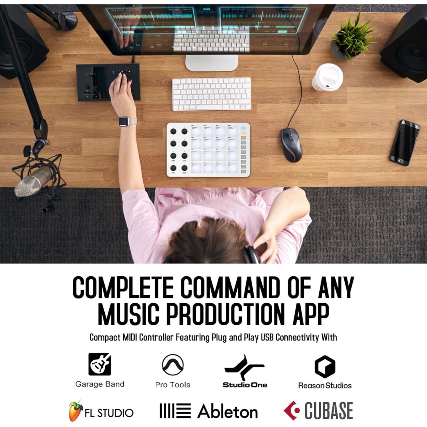 M-Wave Midi Controller &#x2013; Bluetooth USB Pad &#x2013; 16 Drum Pads, 8 Knobs, Rechargeable, DAW Compatible