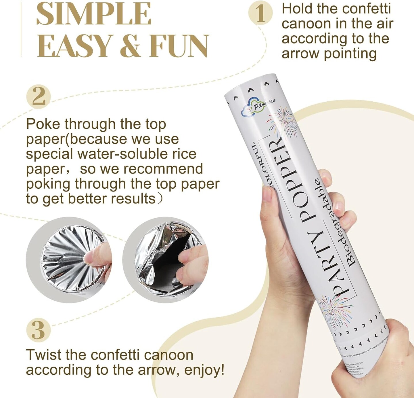 6PCS White Biodegradable Confetti Cannons – Air-Powered Party Poppers for Weddings & Birthdays