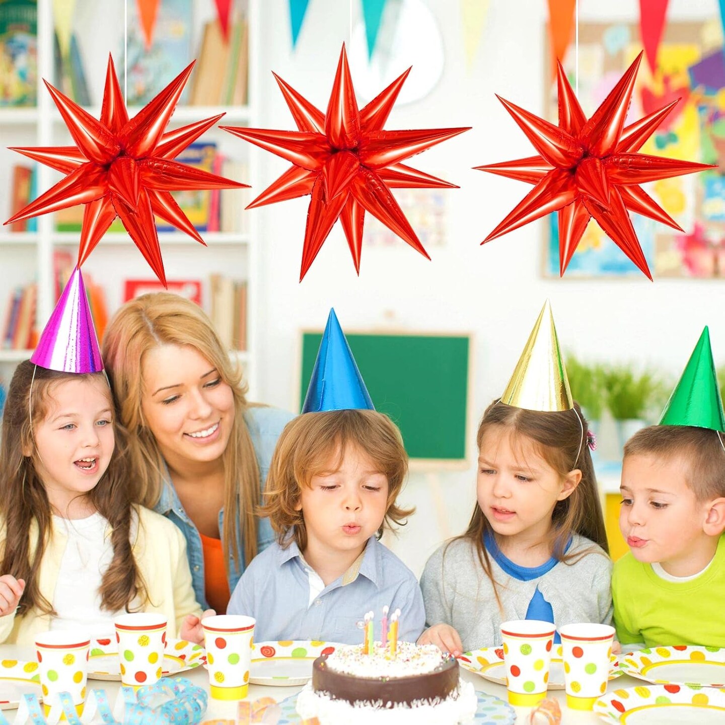 60PCS Red Star Foil Balloons – 12-Point Starburst Party Decorations for Birthday & Wedding