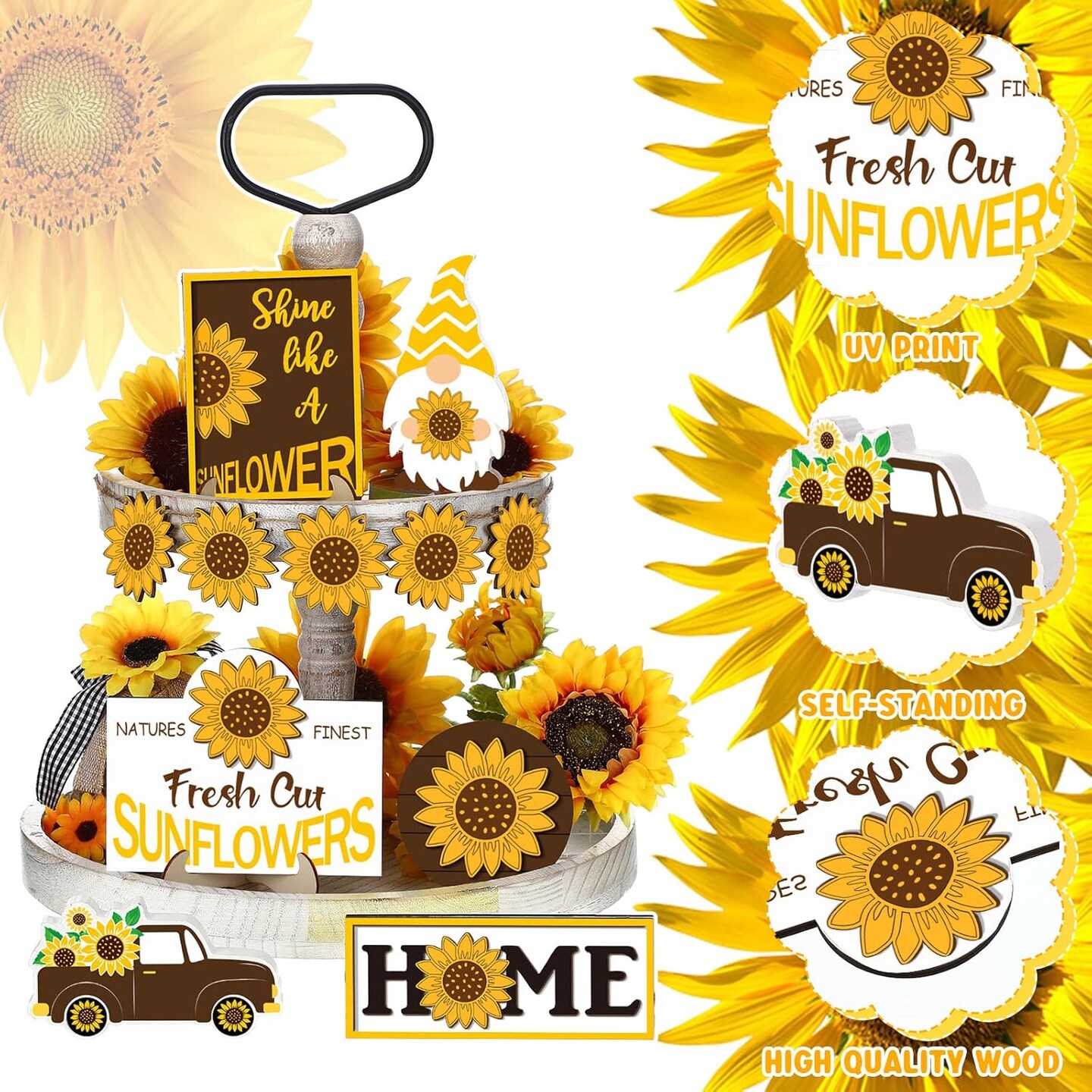 2 Pcs Sunflower Tiered Tray Decor Set Farmhouse Summer Wooden Sign Sunflower Decorations for Home Rustic Sunflower Table Decorations Summer Tiered Tray Decor for Home Kitchen Tabletop