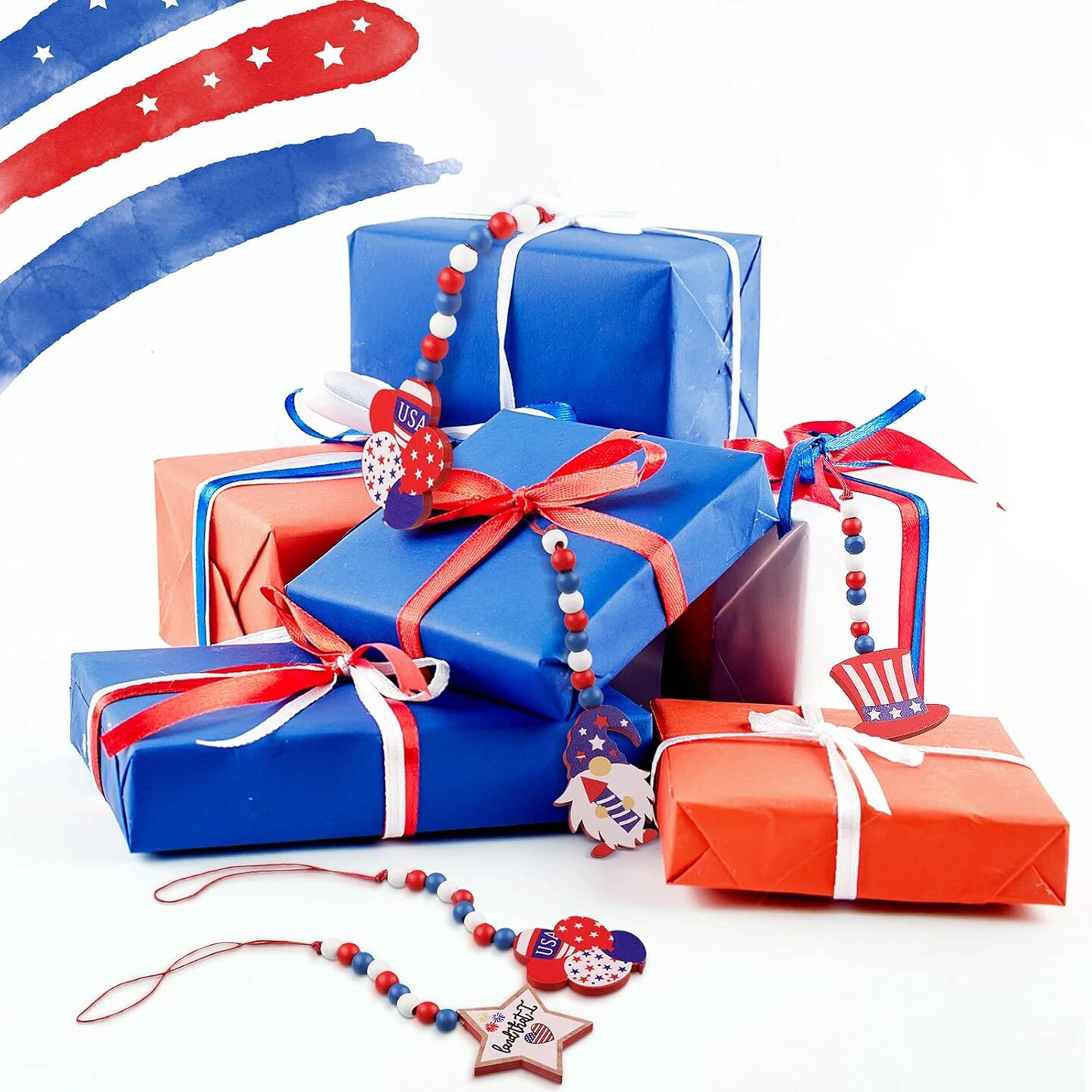 12 Pieces Independence Day Wood Bead Garland with Wooden Tag 4th of July Patriotic Wooden Bead Hanging Ornaments American Flag