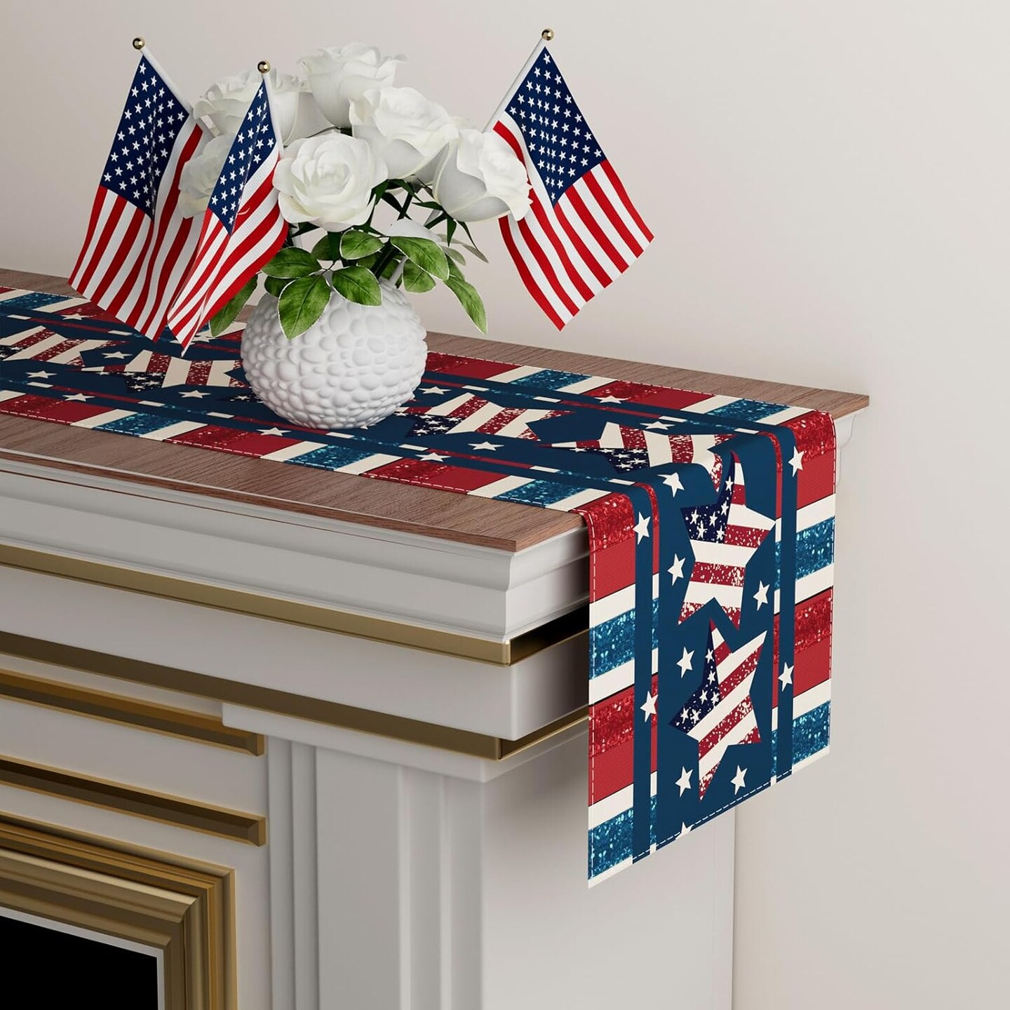 Patriotic Stripes Stars Pentagram America 4th of July Memorial Day Independence Day Table Runner Decoration for Home Kitchen Holiday Party