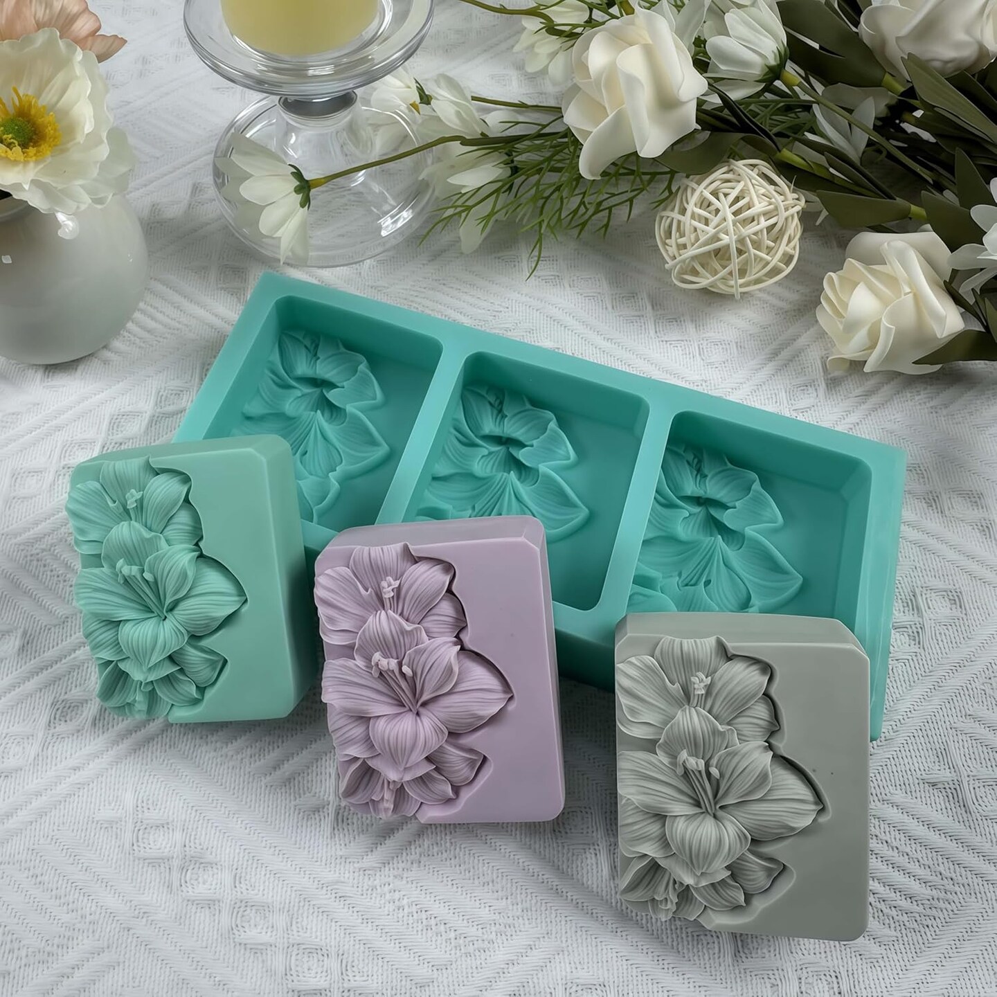3 Holes Lily Flower Soap Mold Natural Soap Mould Handmade Silicone Molds for Soap Making DIY