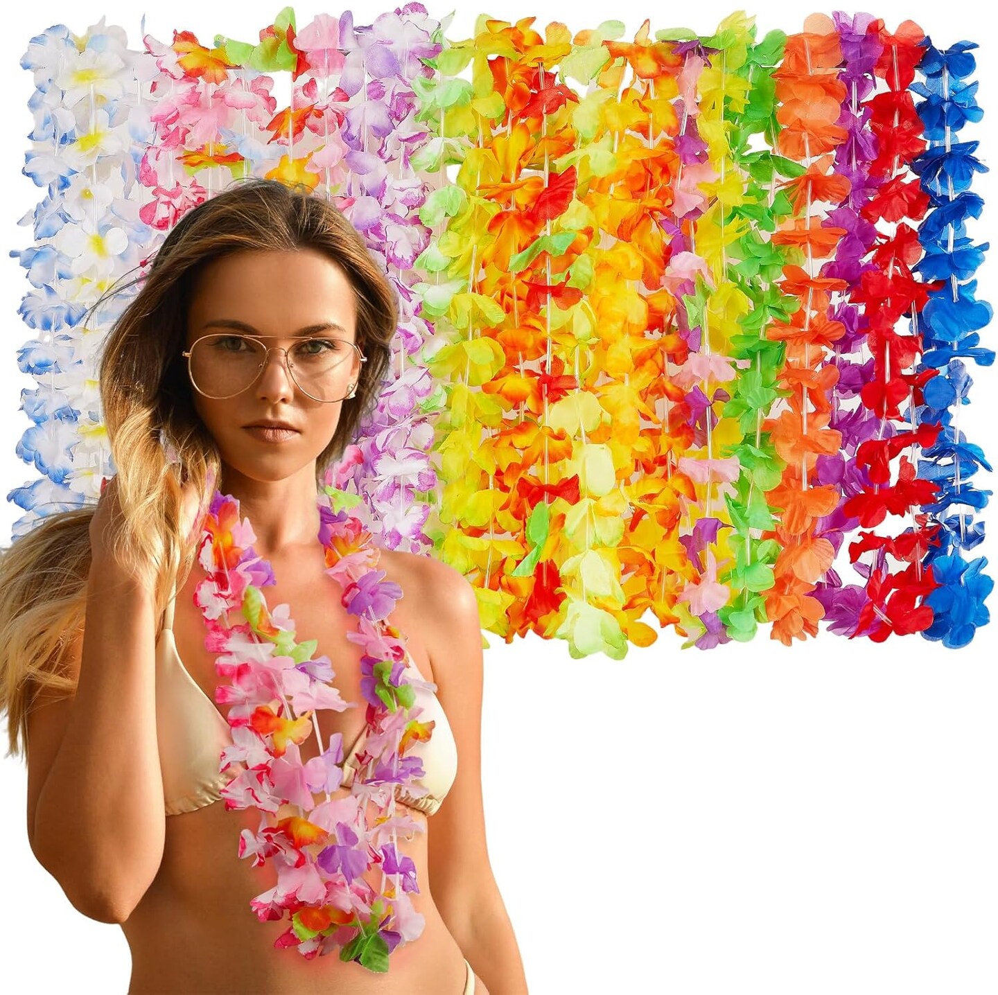 Summer Garland Hawaiian Leis Decorations(24pcs),Leis for Luau Party Decor,Tropical Hawaiian Bulk Hula Dance Party Decor,Colorful Flower Necklace Summer Beach Pool Birthday Theme Party Favors Supplies