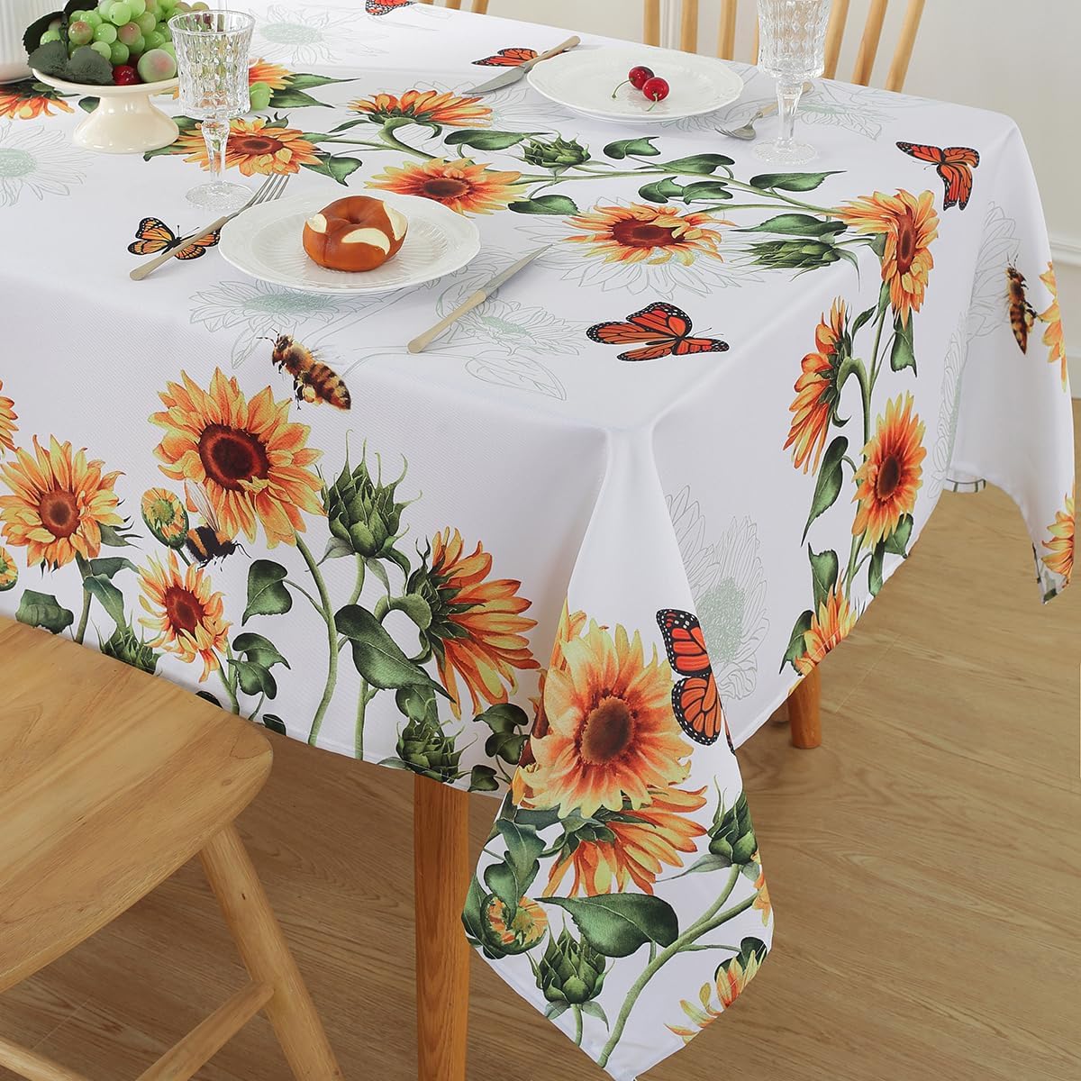 Sunflower Table Cloths 60 x 84 Inch Rectangle Summer Tablecloth, Water Proof Wipe Clean Dust-Proof White Polyester Fabric Table Cover for Fall Kitchen, Party, Picnic, Indoor, Outdoor