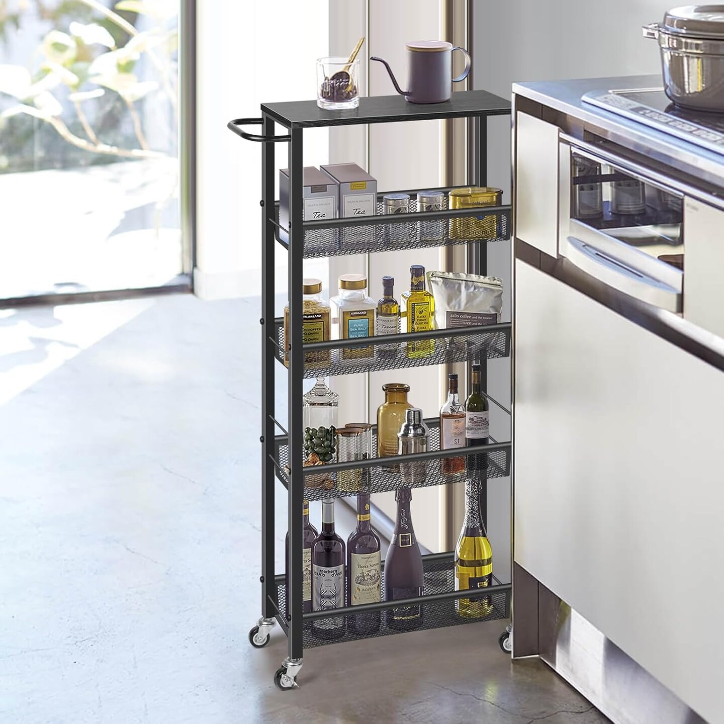 7.3&#x22; Slim Rolling Storage Cart with Handle - 5-Tier Narrow Metal Utility Cart on Lockable Wheels for Kitchen, Bathroom, Laundry Room - Black