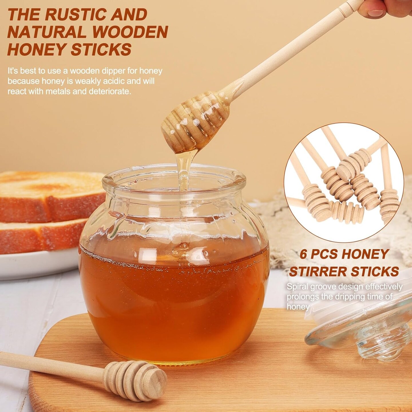 6 Pcs Honey Dipper Sticks, 6.3 Inch Wooden Honey Mixing Stirrer for Honey Jar Dispense Drizzle Honey, Honey Comb Sticks Honey Wand for Bridal Shower Baby Shower Wedding Party Favors