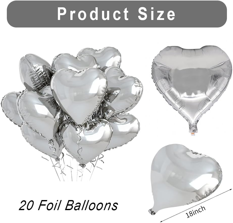 12 pcs Silvery Heart Foil Balloons,18 Inch Heart Shaped foil Balloon Love Balloon for Wedding Decoration Party Balloon Birthday