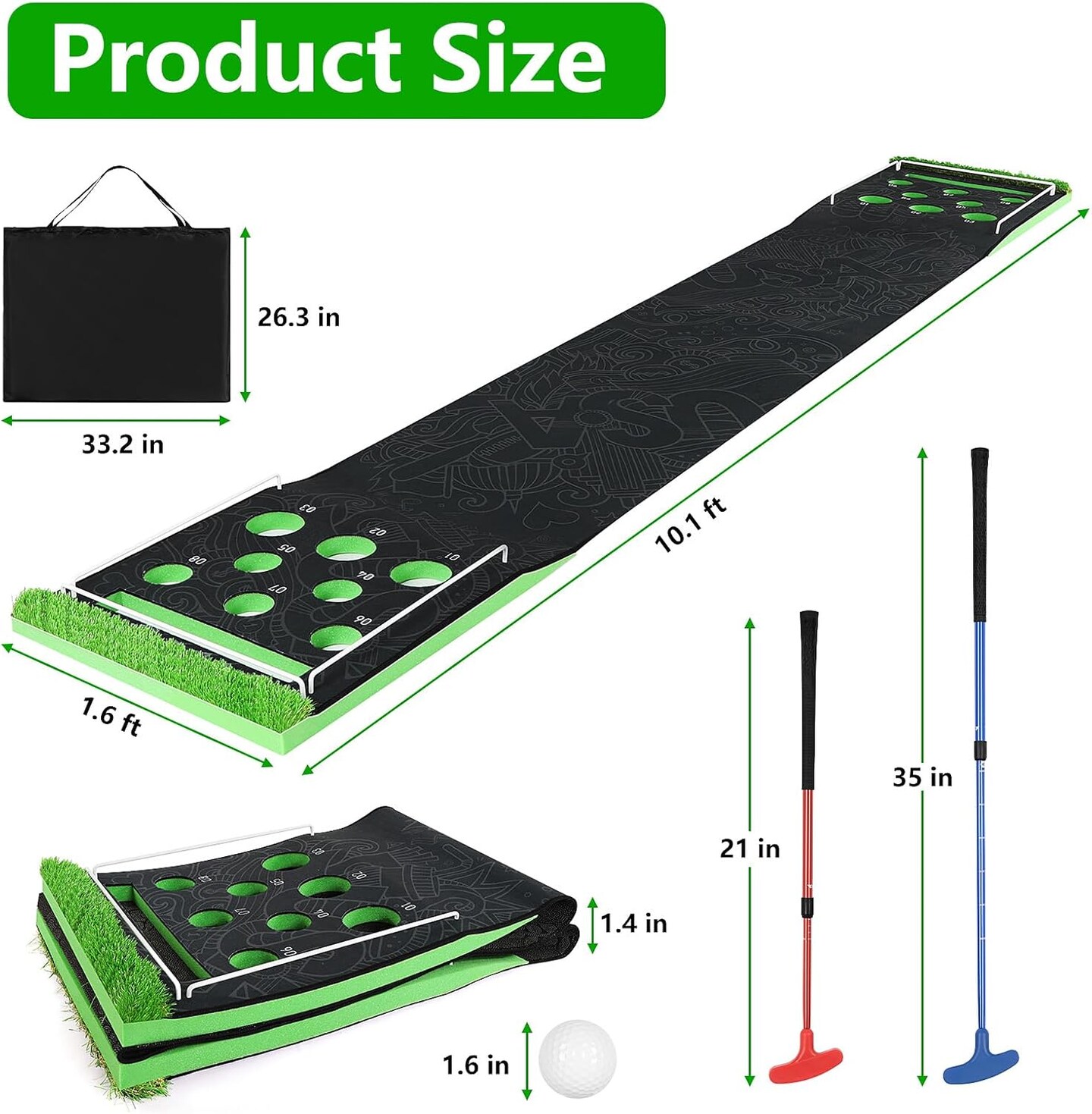 Golf Pong Game Set - 10.1&#x27; x 1.6&#x27; (3.08m x 0.49m) Foldable Indoor Putting Green with 2 Adjustable Putters, 8 Golf Balls, &#x26; Carrying Bag for Backyard, Office, or Home Practice