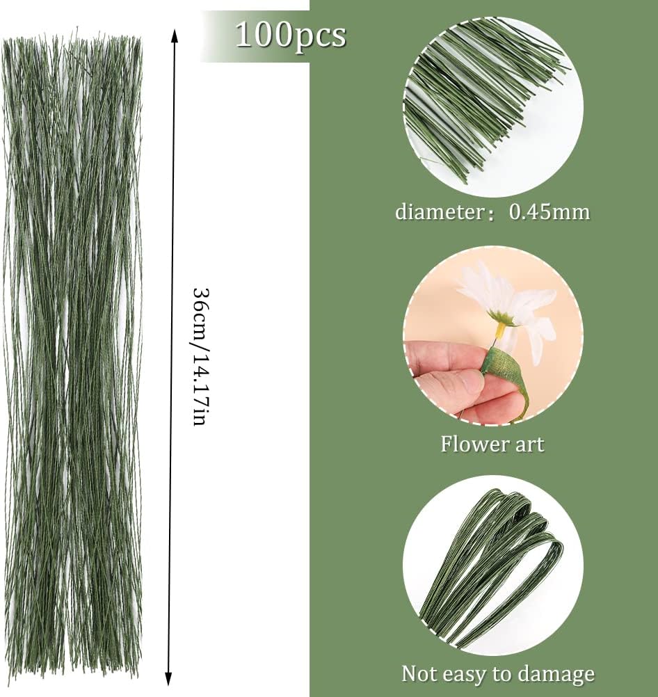 Floral Wire 26 Gauge, 100 Pcs Green Florist Flower Wire Stems for Crafts, Bouquet Stem Wrapping, Wreath Making, Flower Arrangement Supplies (14 Inch)
