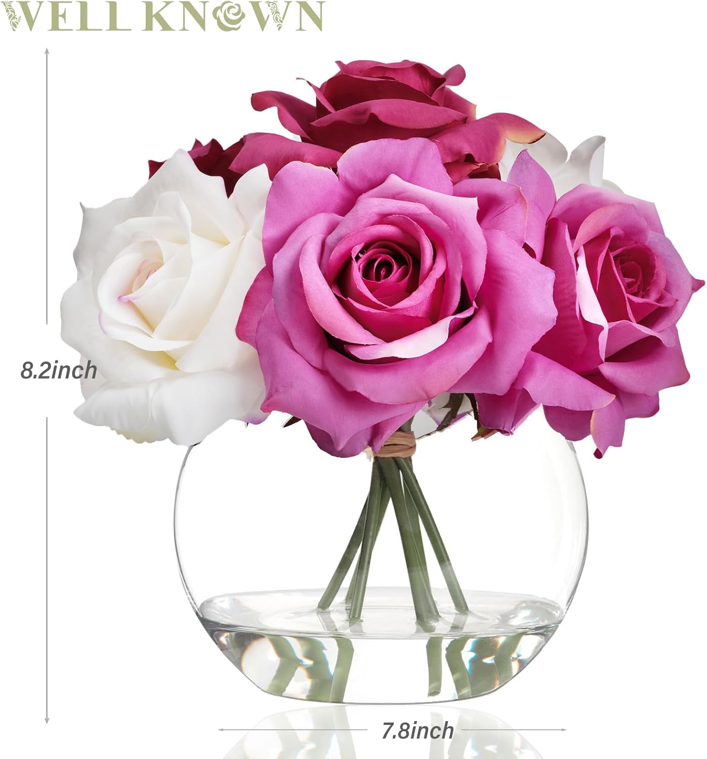 Silk Rose Artificial Flowers with Vase Artificial Rose Flower Arrangements in Round Glass Vase with Faux Water for Home Office Hotel Wedding Party Dinning Table Decor Gift (White &#x26; Pink)