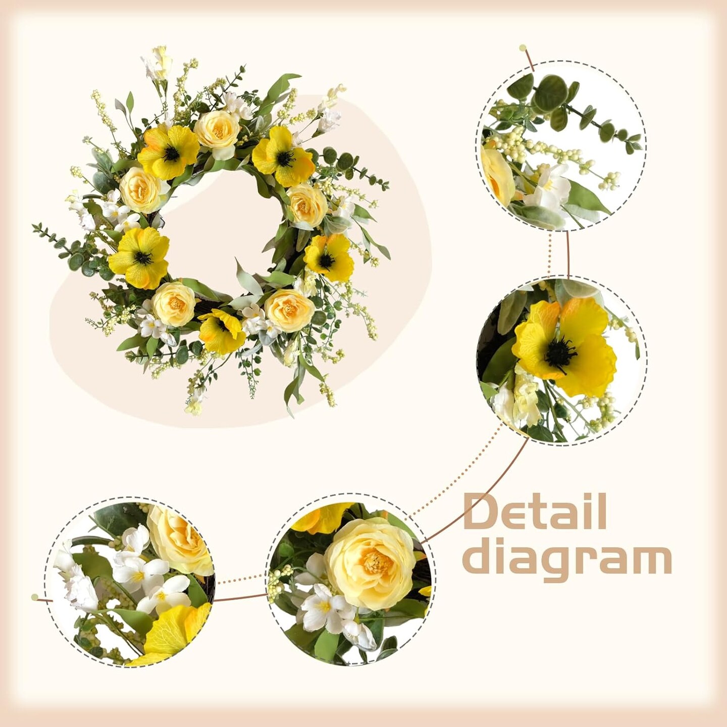 Summer Wreaths for Front Door 18 Inch Artificial Flower Decoration Wreath with Yellow Roses Poppies Wreaths for Farmhouse Outside All Season for Indoor Outdoor Home Wall Holiday Decor
