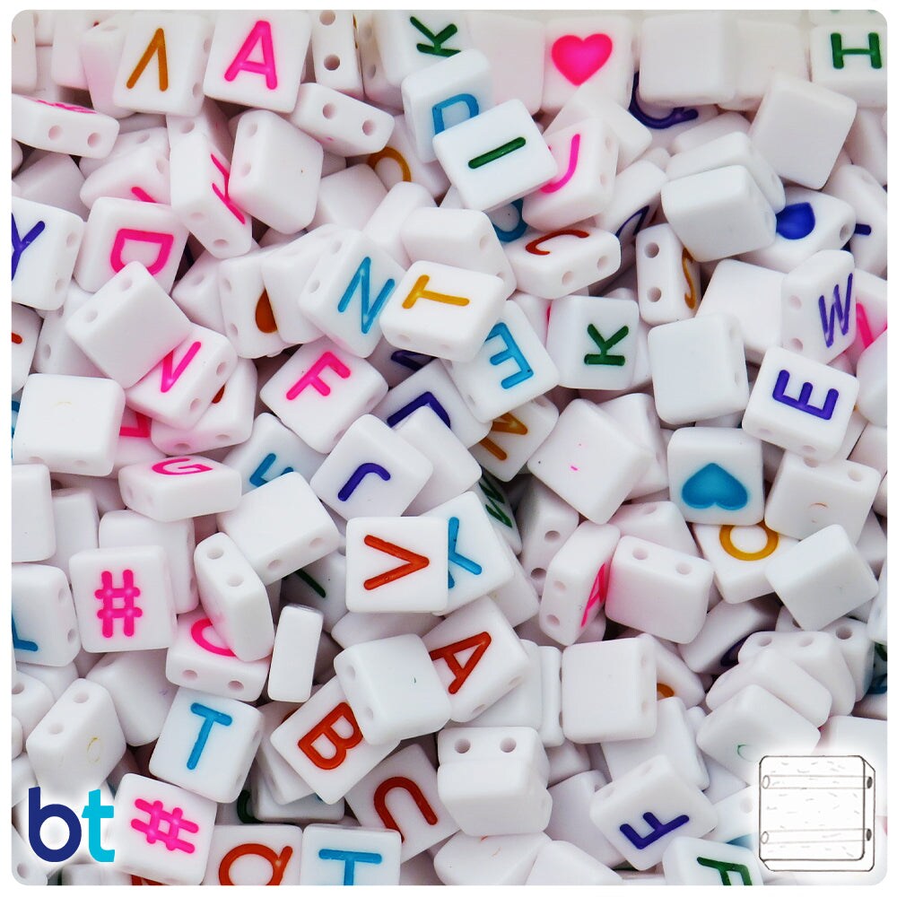 BeadTin White Opaque 8mm Square Plastic Alpha Beads - Colored Letter Mix (150pcs)