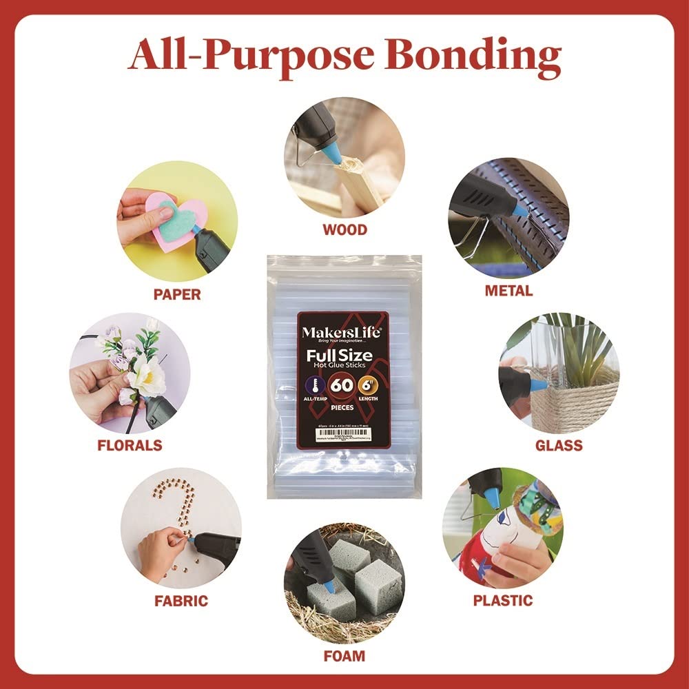 Full Size Hot Glue Sticks Bulk,60-Pack, 6&#x201D; x .44&#x201D;, Clear All-Temp Glue Gun Sticks for Art, Craft, DIY and Most Gluing Projects, Compatible with Most Hot Glue Guns. Craft Glue