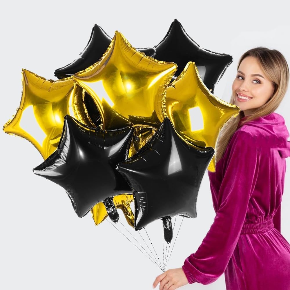 12 Pcs Black Gold Star Balloons, 18 Inch Star Shaped Foil Helium Balloons Mylar Balloons for Wedding Birthday Graduation season Party Decor