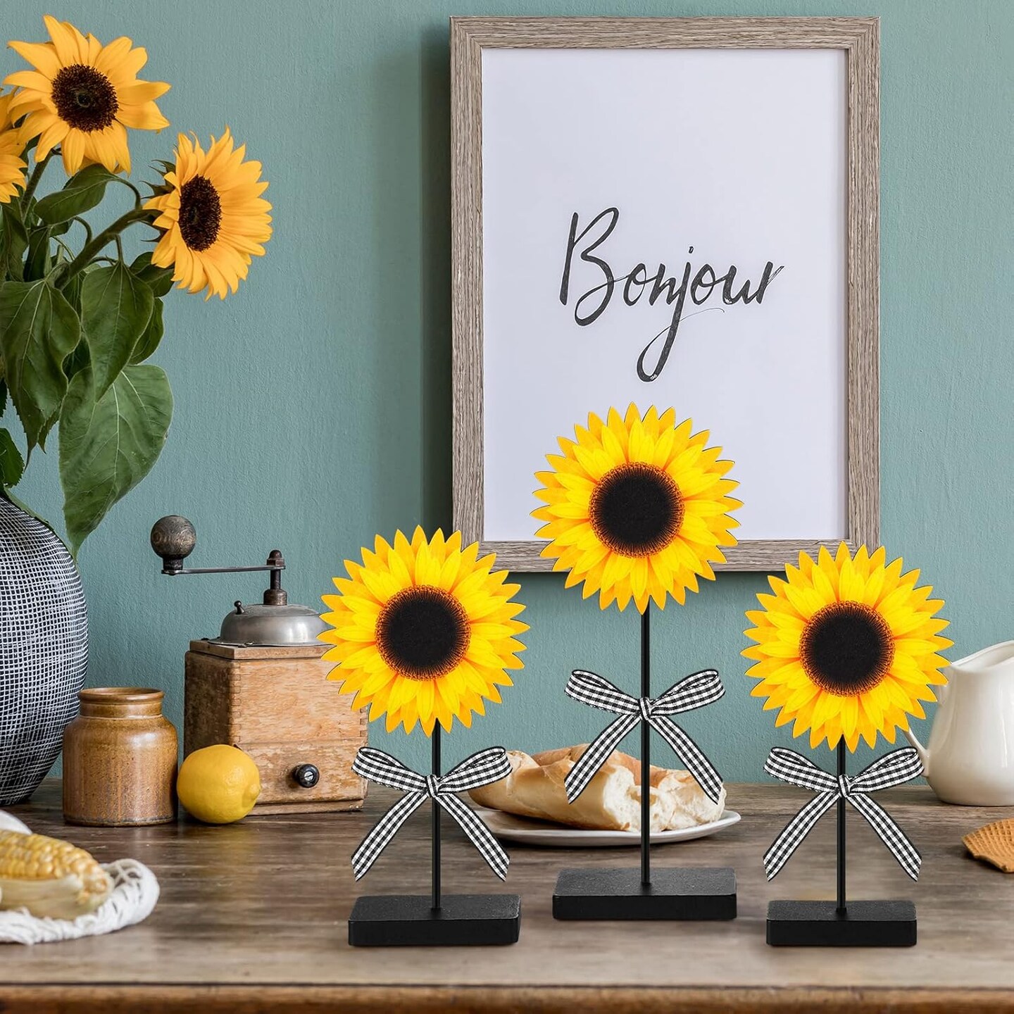 3 Pcs Summer Sunflower Wood Table Sign Freestanding Sunflower Tabletop Decor Farmhouse Wooden Centerpieces for Tables Rustic Wood Tray Home Decor Standing Block Decorations for Kitchen
