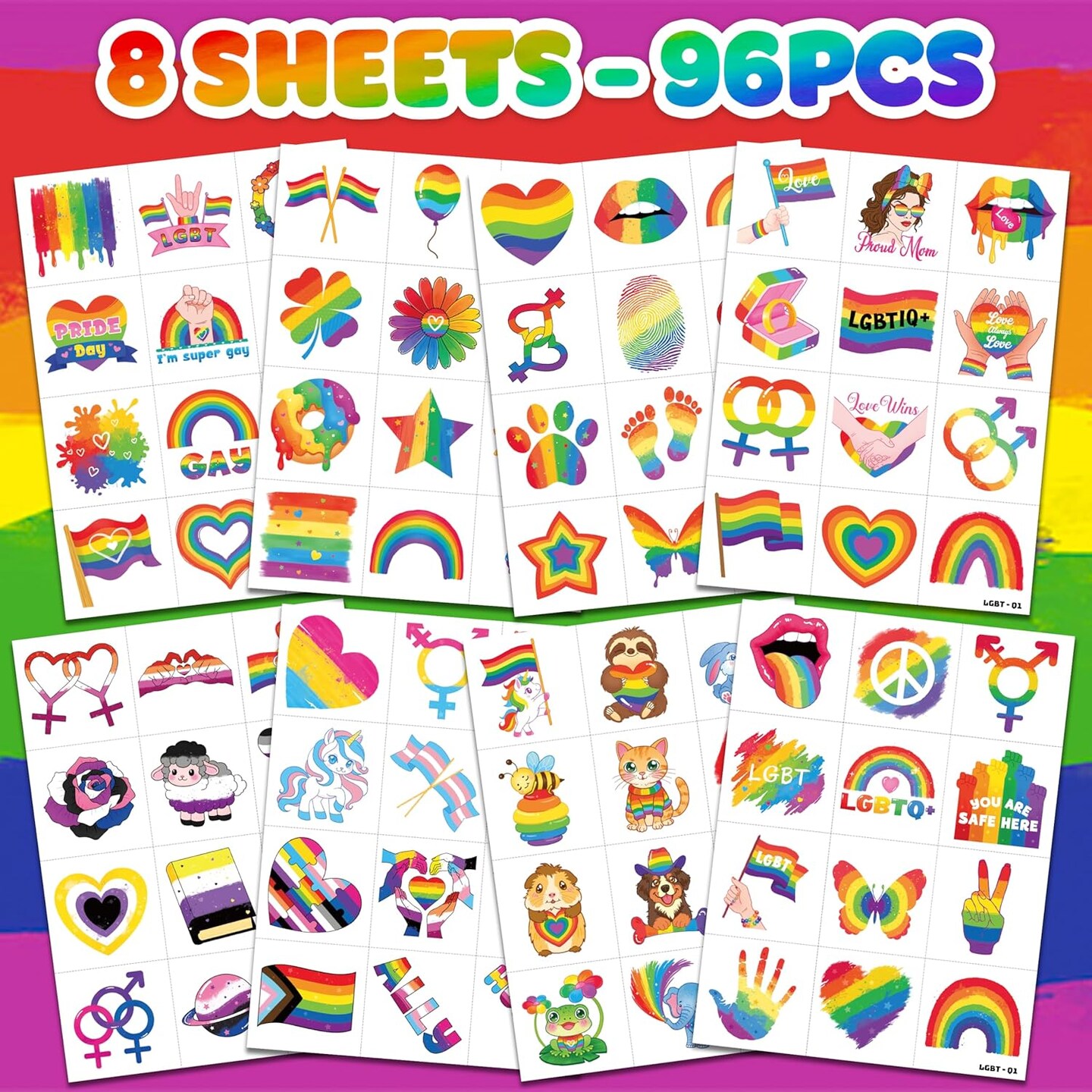 96 PCS LGBT Rainbow Pride Temporary Tattoos – Pre-Cut Stickers for Kids