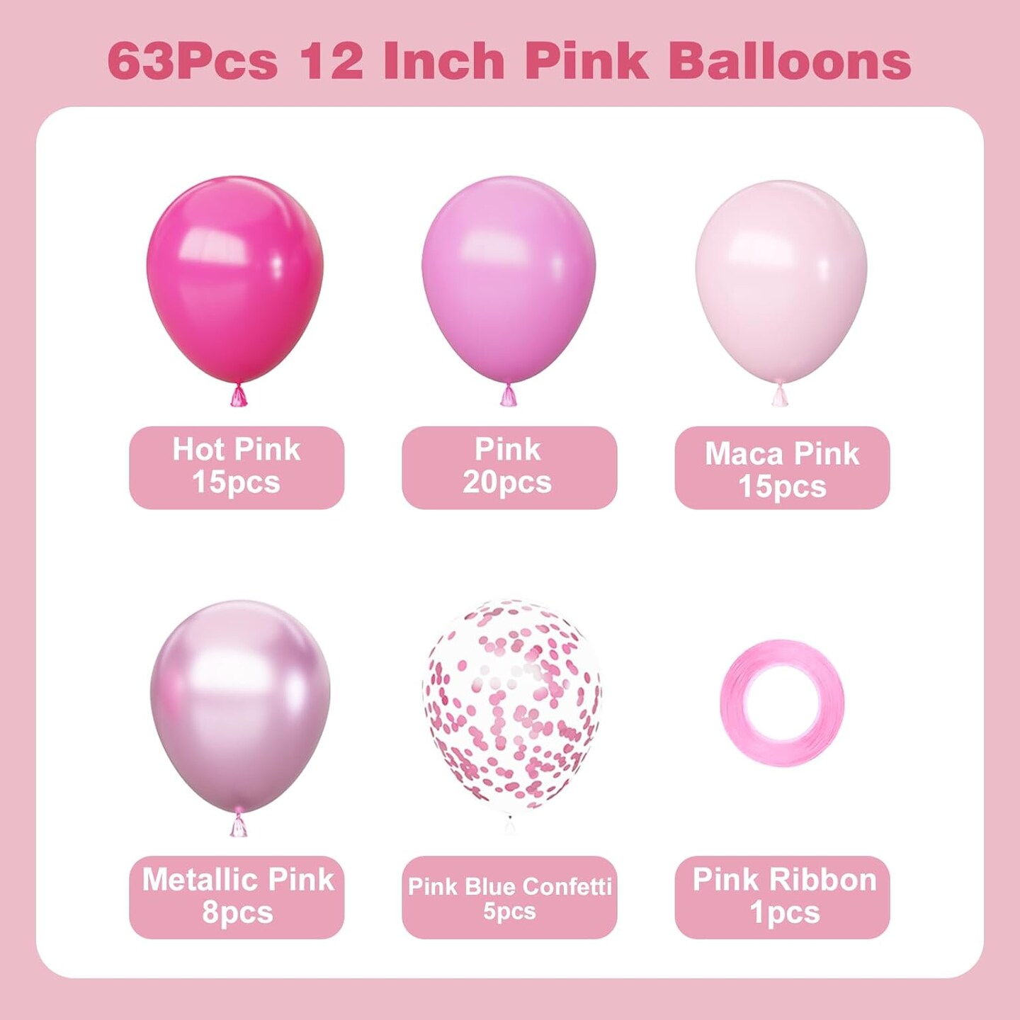 Pink Balloons Set, 63Pcs Hot pink Latex Balloons