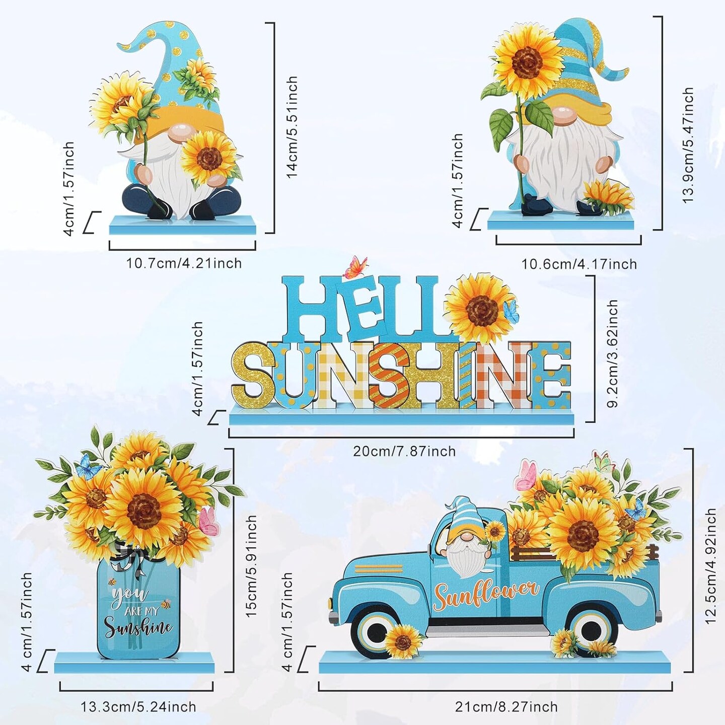 5 Pcs Sunflower Table Sign Sunflower Wooden Table Centerpieces Sign Summer Gnome Wooden Table Decor Sunshine Table Decoration Signs Gnome Wooden Centerpiece for Home Party(Blue)