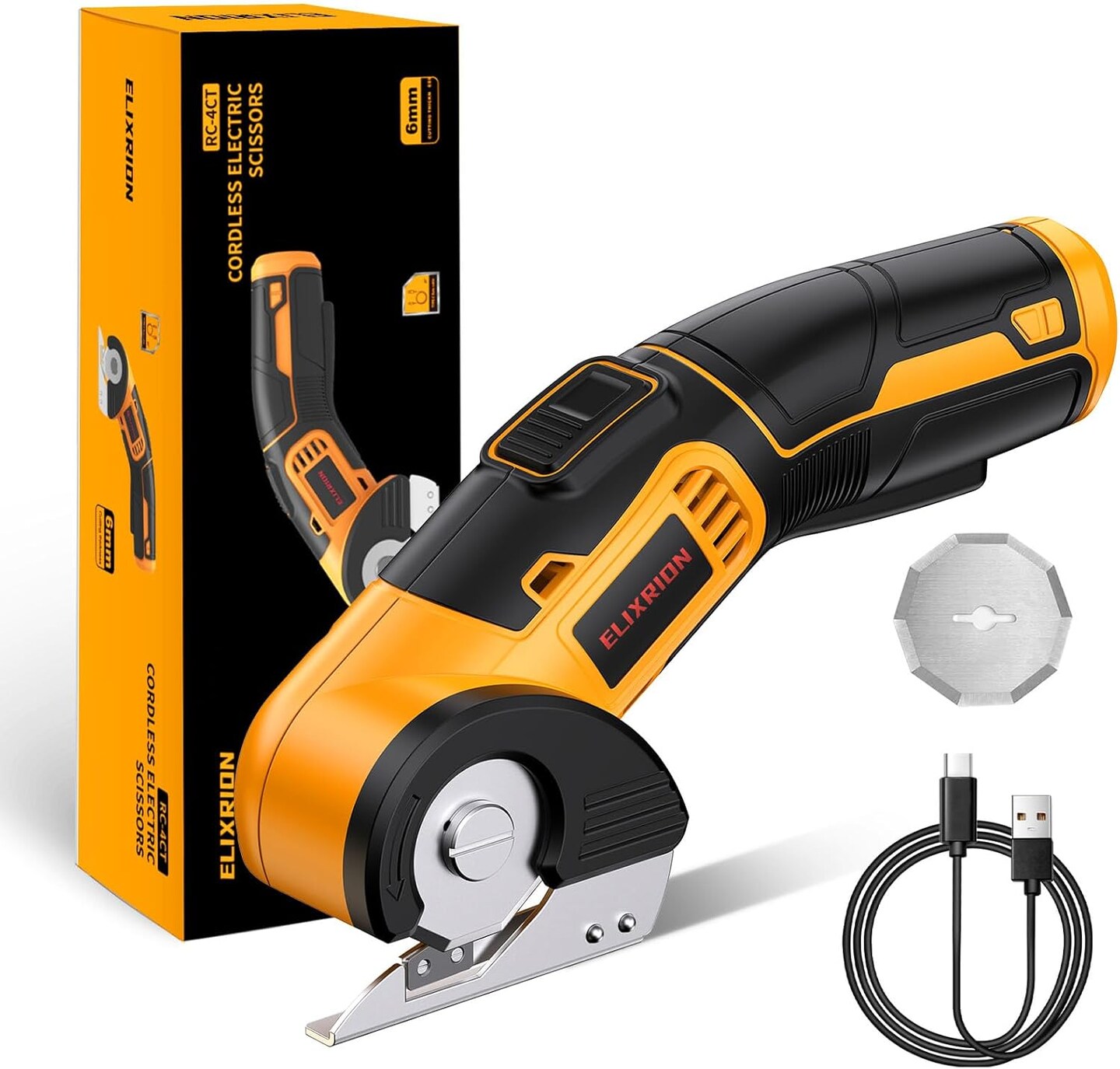 Electric Scissors Rotary Cutter with 2 Blades | 4V 2000mAh Rechargeable | Heavy Duty for Cardboard Fabric Carpet Leather | Lightweight Portable (Yellow)