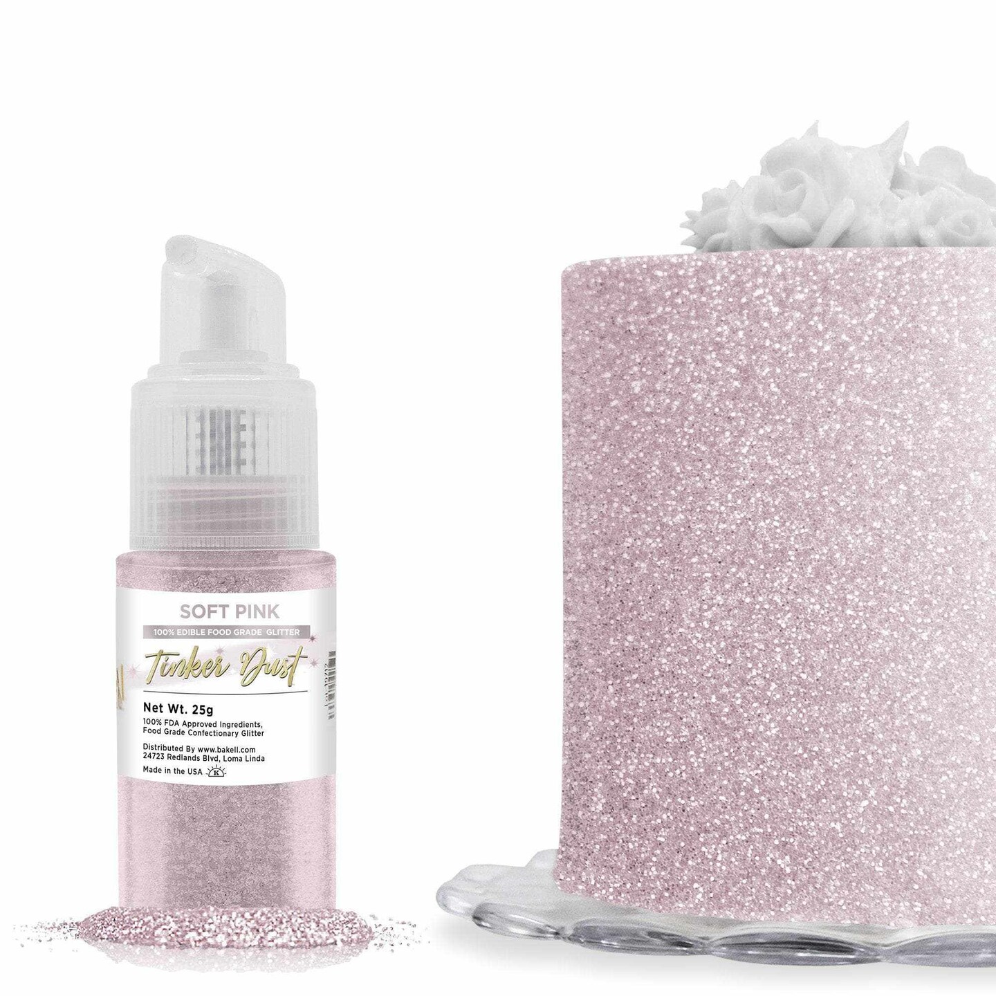 Bakell - Soft Pink Tinker Dust Edible Glitter (25g, 1x Spray Pump) for Food, Desserts, and Beverages!