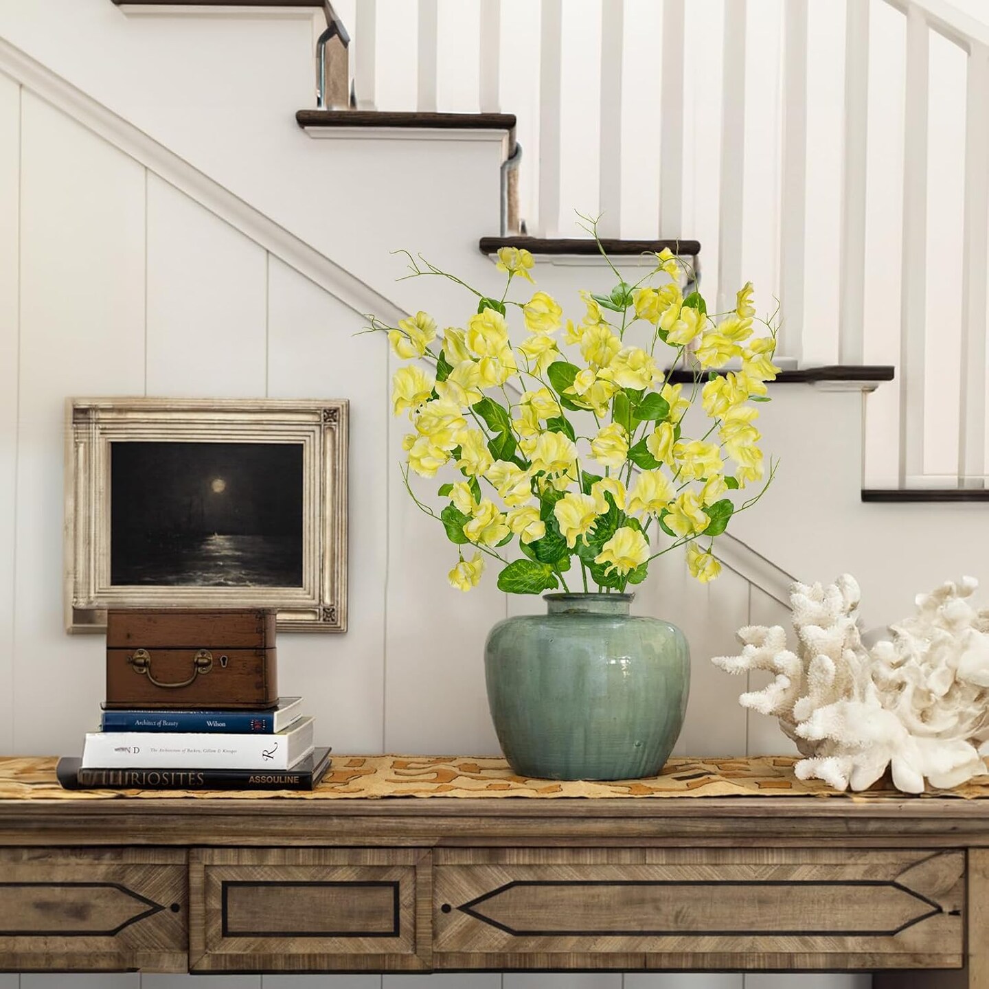 Summer Tabletop Floral Arrangements Yellow Artificial Flowers Bouquet, Spring Summer Flower Sprays with Green Leaves